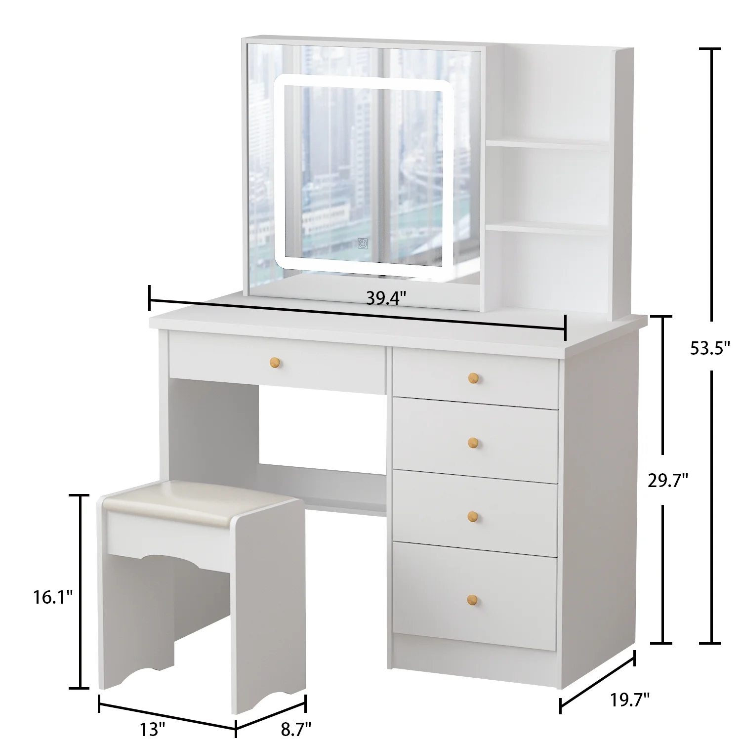 MONSLIPA Makeup Vanity Desk Set w/ Light, Sturdy Dressing Vanity Table with Bench, Shelves & Drawers
