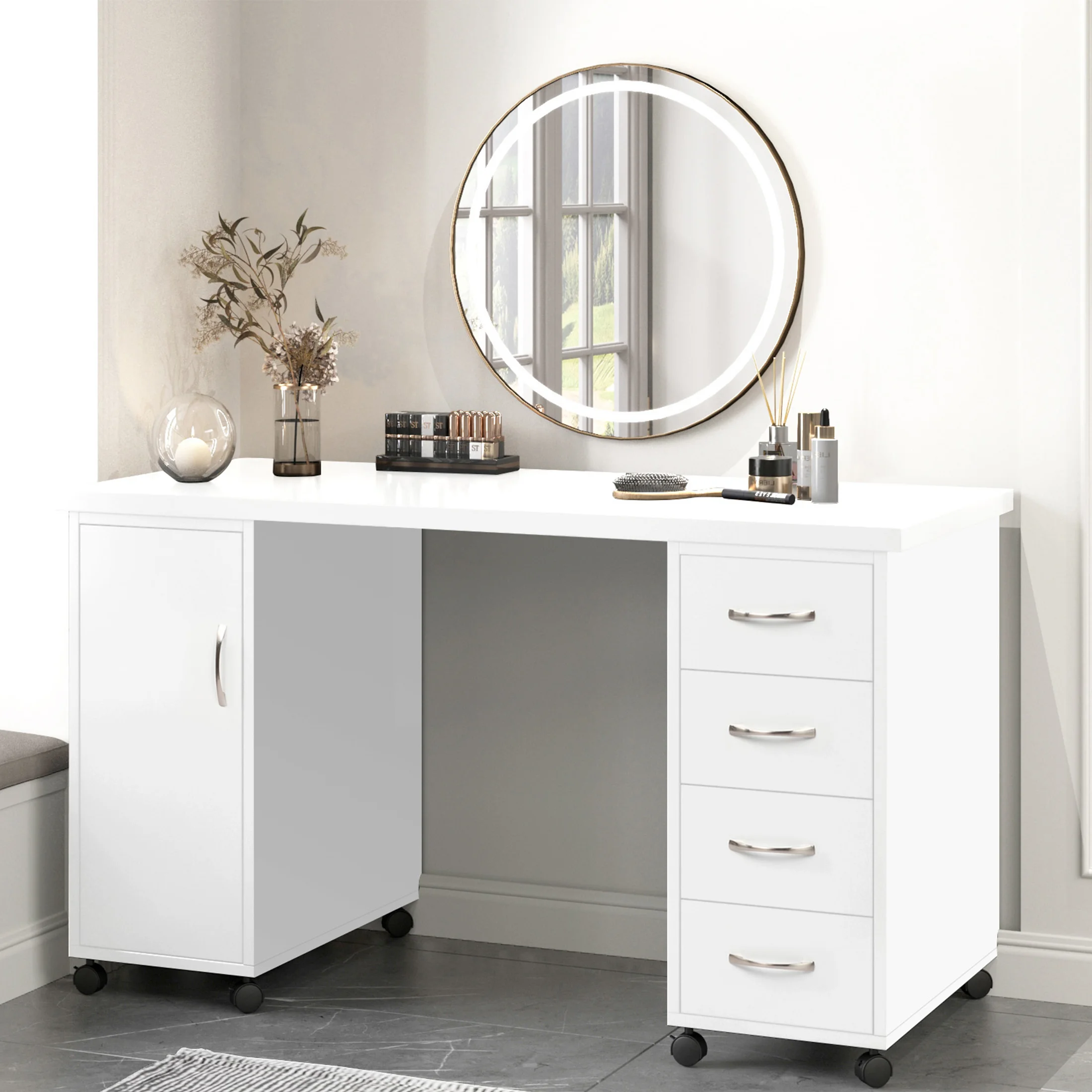Sesslife White Computer Desk, Writing Desk with Lockable Wheels???Modern Wood Study Desk with 4 Drawers for Home Office Workstation