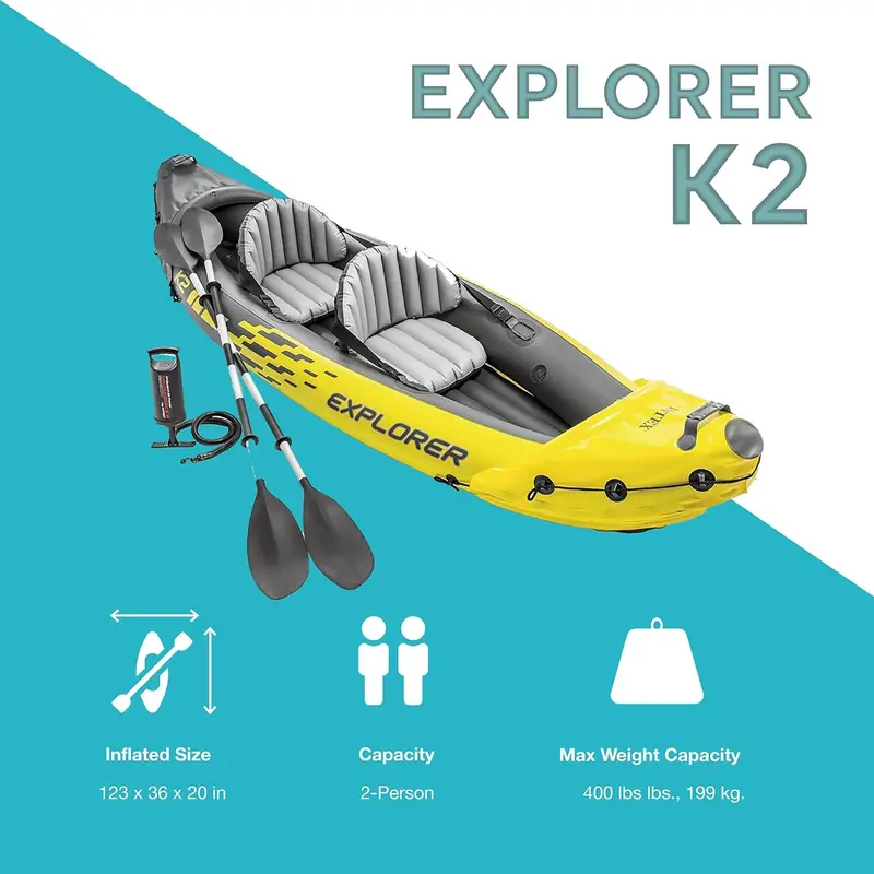 Explorer K2 Inflatable Kayak for Two – Durable PVC. Adjustable Seat. 86″ Aluminum Paddle & High-Output Pump (400-Lb Capacity)