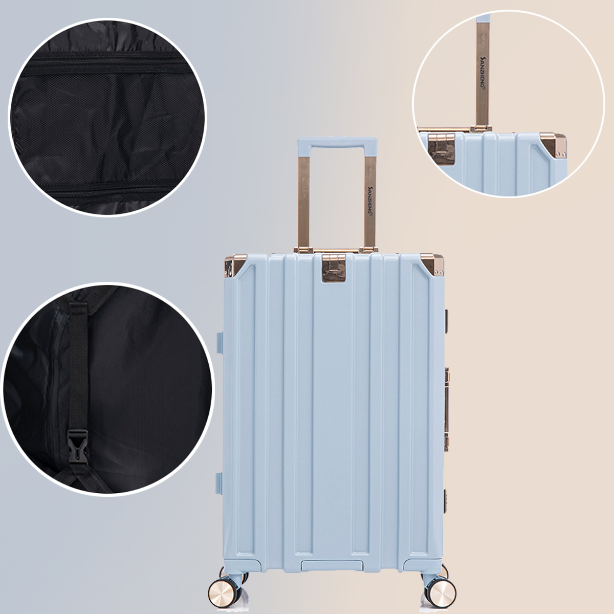 The luggage set is expandable into three sets, with an aluminum frame, password lock and double wheels, suitable for travel, business trips and school (20/24/28 IN)
