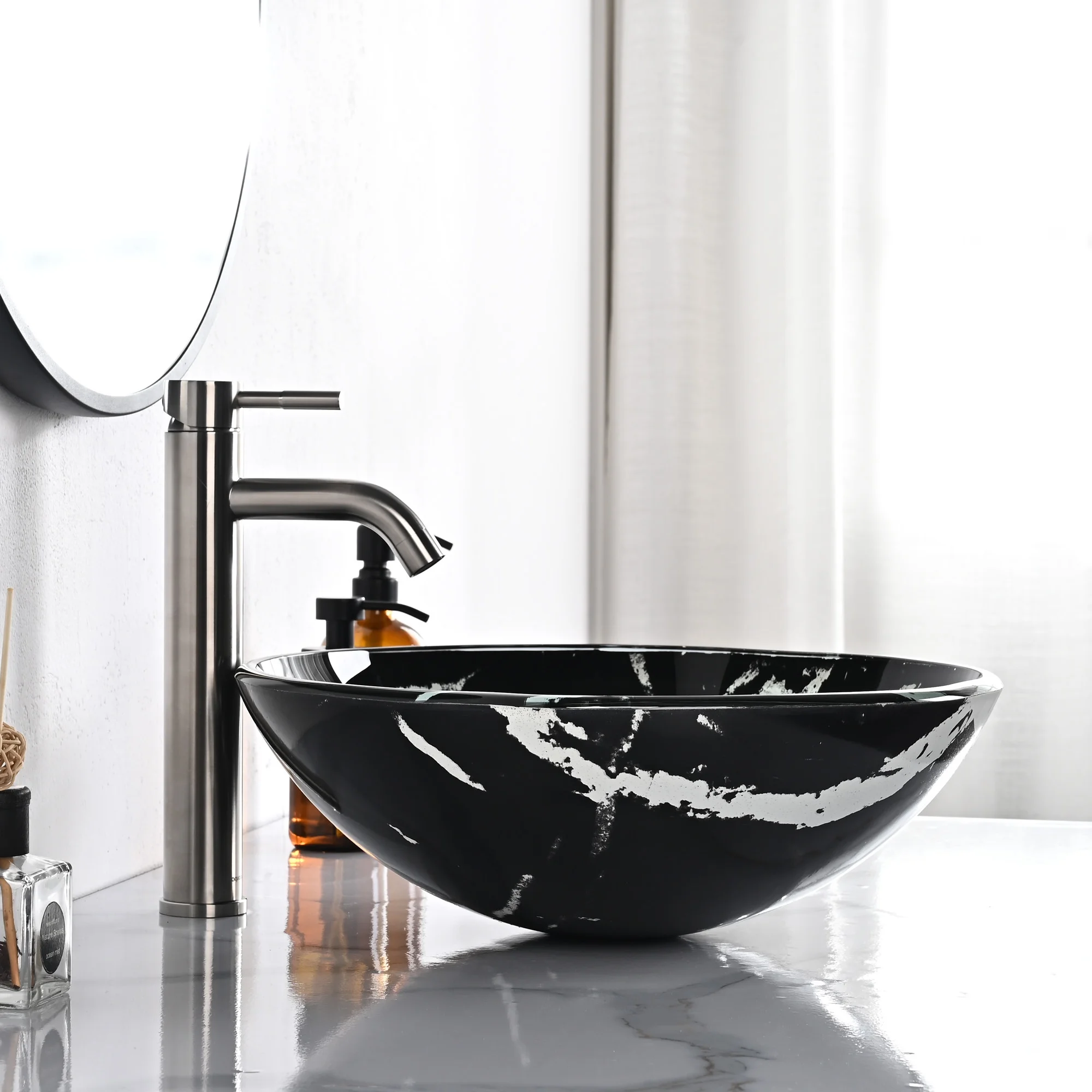 Aquaterior Tempered Glass Round Vessel Sink Artistic Marbling Pattern Above Counter Bathroom Lavatory Vanity Bowl Basin