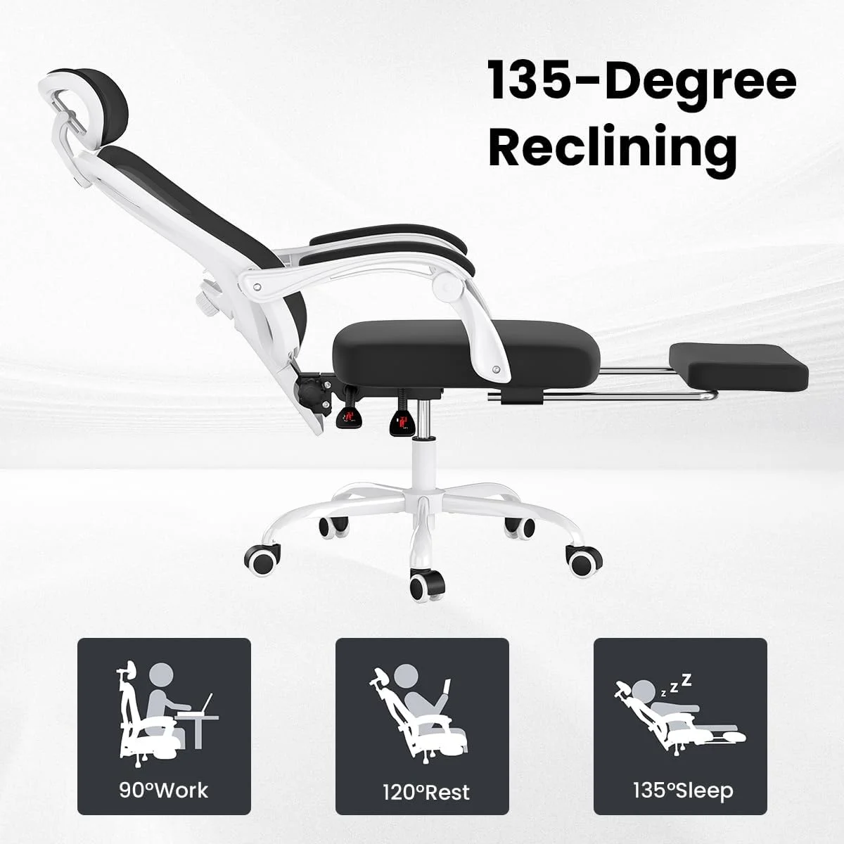 STARY Ergonomic Office Chair with Footrest, High Back Mesh Desk Chair with Adjustable Headrest & Lumbar Support, Comfortable Computer Chair for Home Office Study, White & Beige