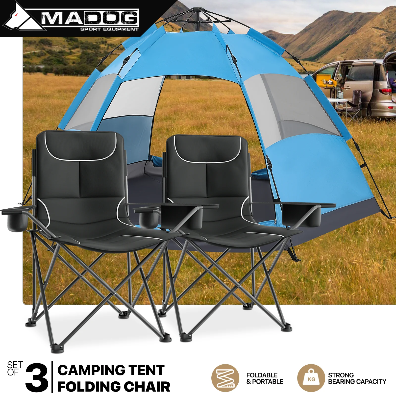 MADOG Set of 3 Camping Tent + Chairs, 4 Person Dome Tent and 2 Foldable Camping Chairs Combo with Cooler Bag and Cup Holder for Backpacking Hiking Traveling, Blue