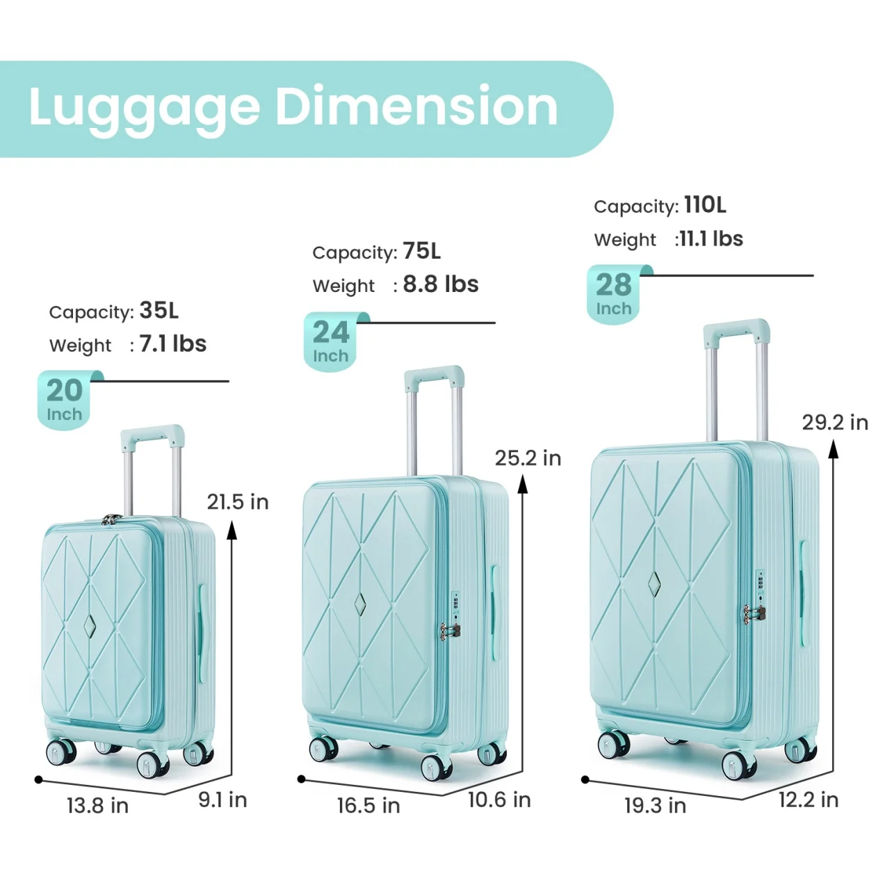 3 Piece luggage sets, Expandable Luggage 20/24/28 Inches with TSA Lock, PC Hardshell Luggage with Front Compartment, Airline Approved, Pink