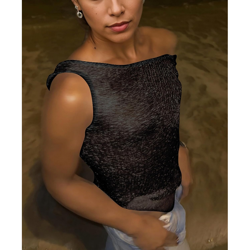 Women Sexy Fishnet Knit Glittering Scoop Neck Crop