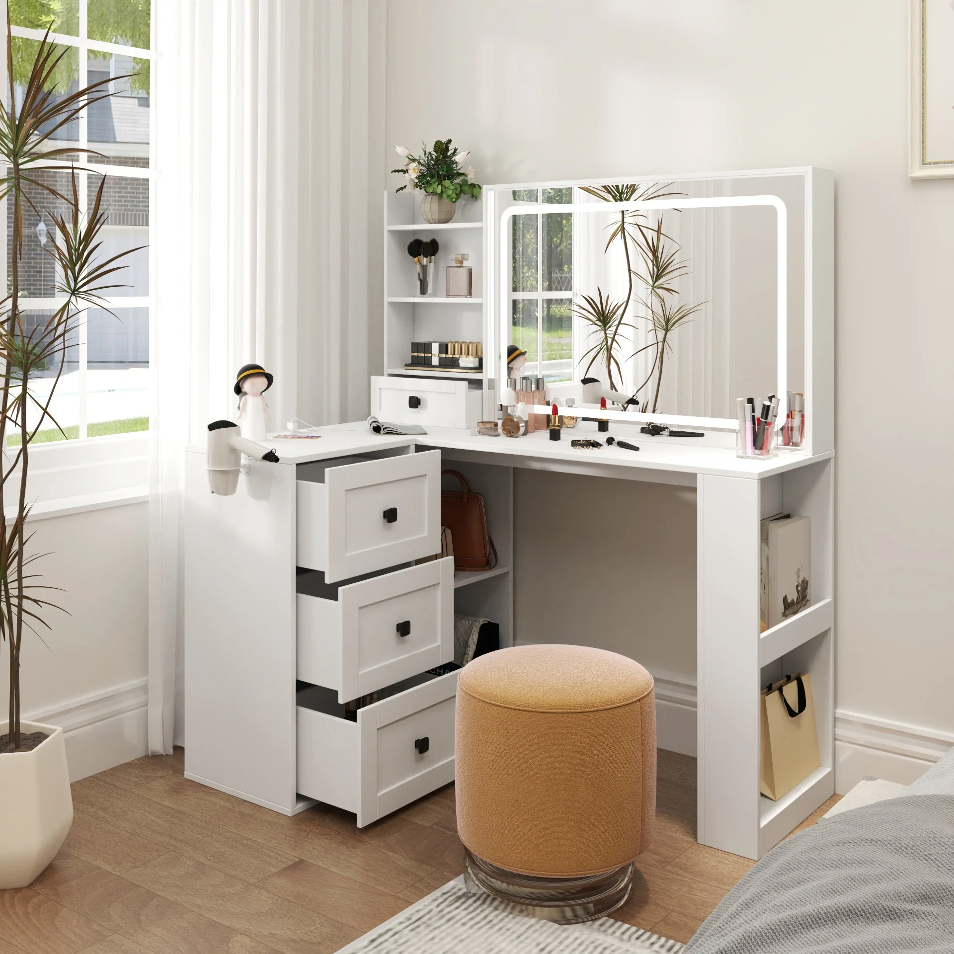 Makeup Vanity Desk With Mirror And Lights, Charging Station, Make Up Vanity With Storage And 3 Large Drawers, 3 Color Modes Available For Bedroom Living Room