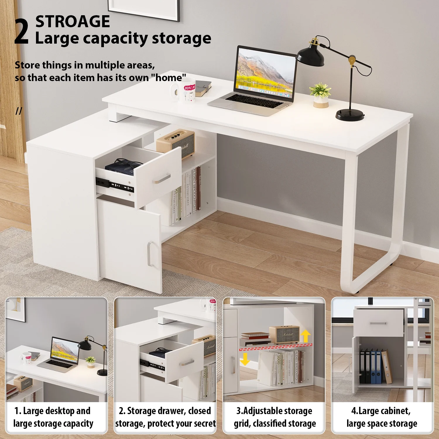 OXYLIFE 55 Inch Reversible Home Office Desk, Wood L-Shaped Corner Desk, Writing Workstation with Drawer, Shelves and File Cabinet, White