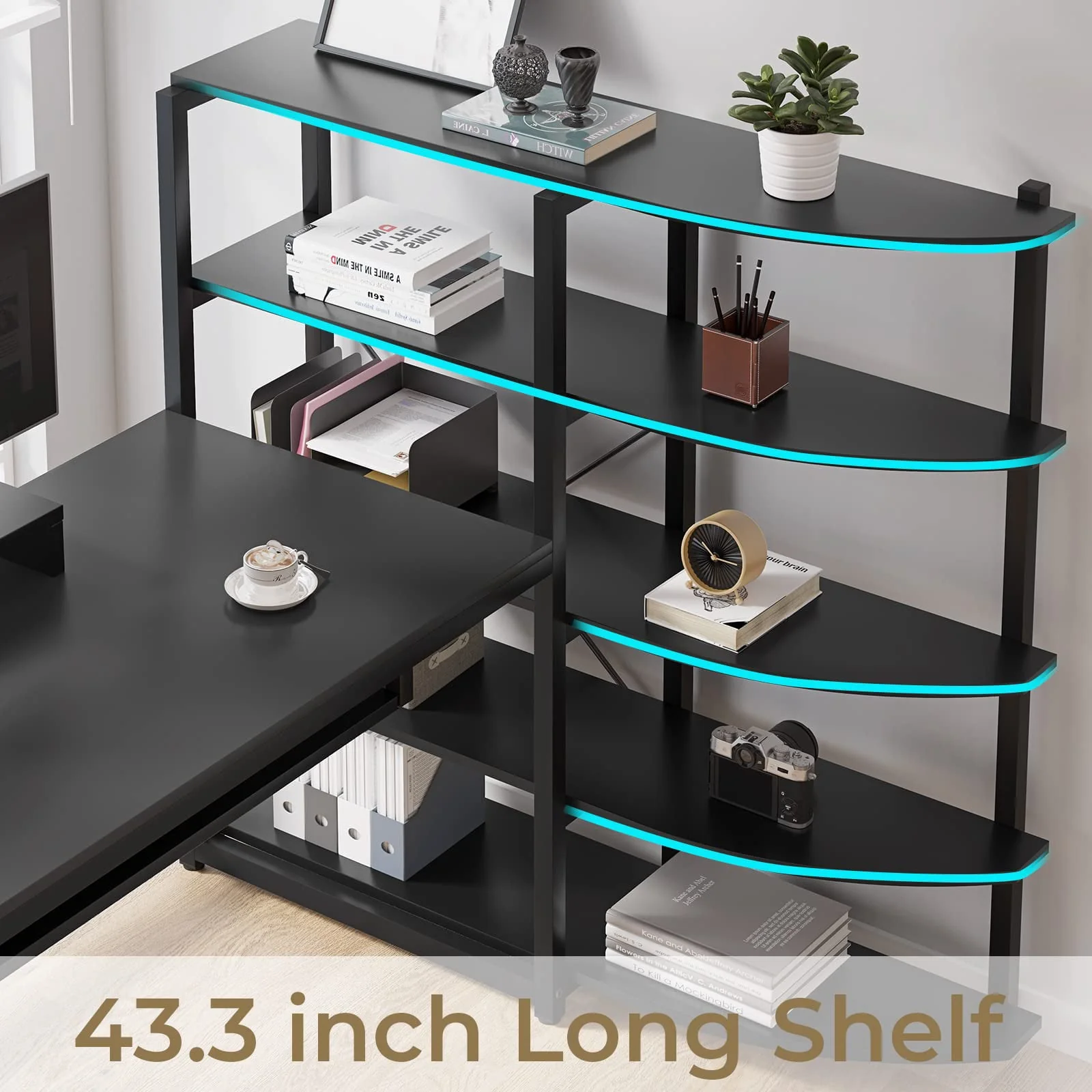 SEDETA  L Shaped Computer Desk, 63'' Corner Gaming Desk, Computer Desk with Storage Shelves, Keyboard Tray, Monitor Stand and Headphone Hook, Gaming Desk with LED Lights, Black