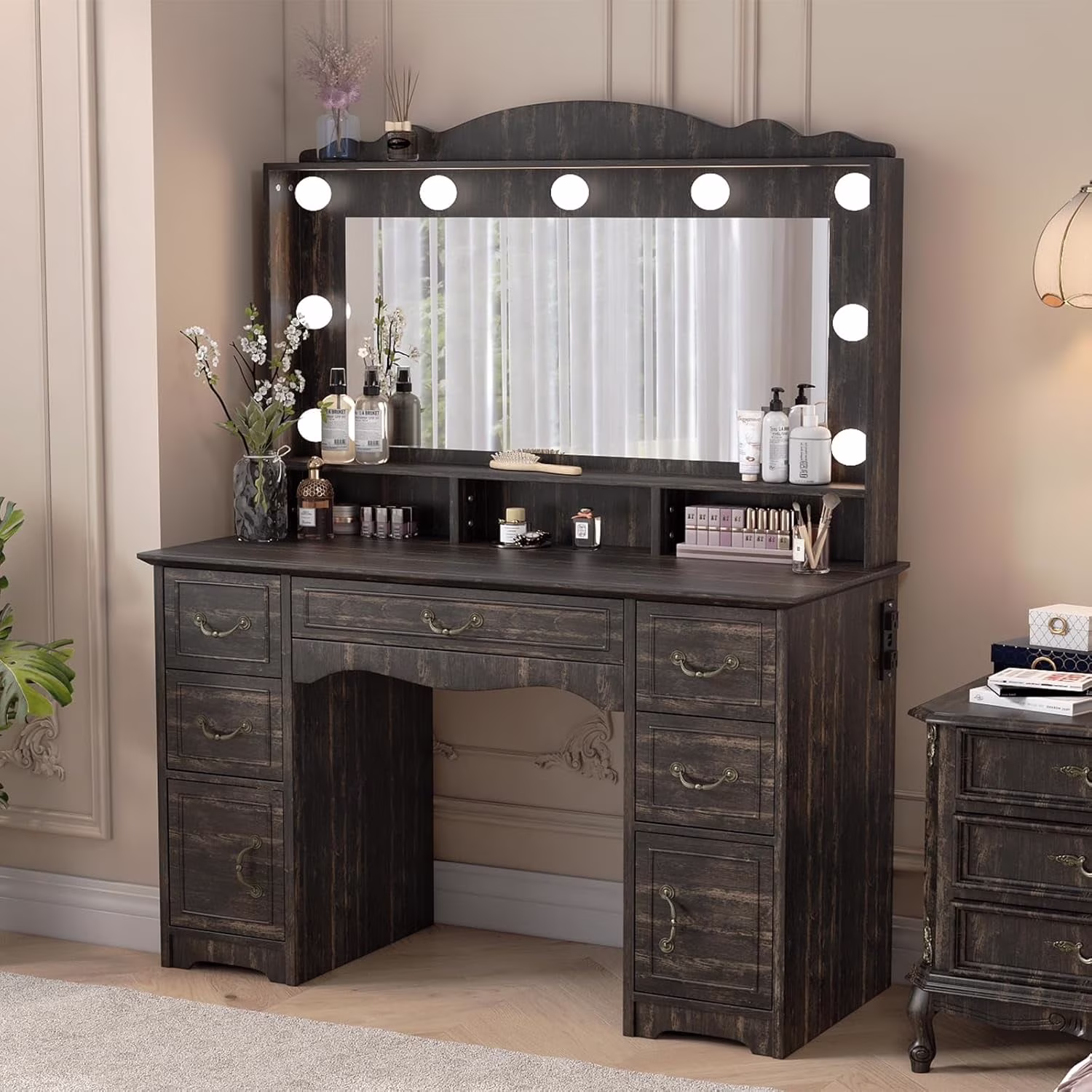 Vanity Desk with Mirror and Light 1 Piece Bohemian White Vanity Table,French Country Style