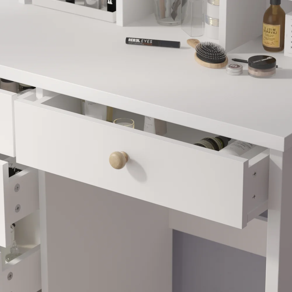 KULAGAGA Vanity Table Set with Light Mirror, Makeup Table with 3 Storage Shelves & 5 Drawers, Dressing Vanity Tables with , Dresser Desk for Girls, Women, White