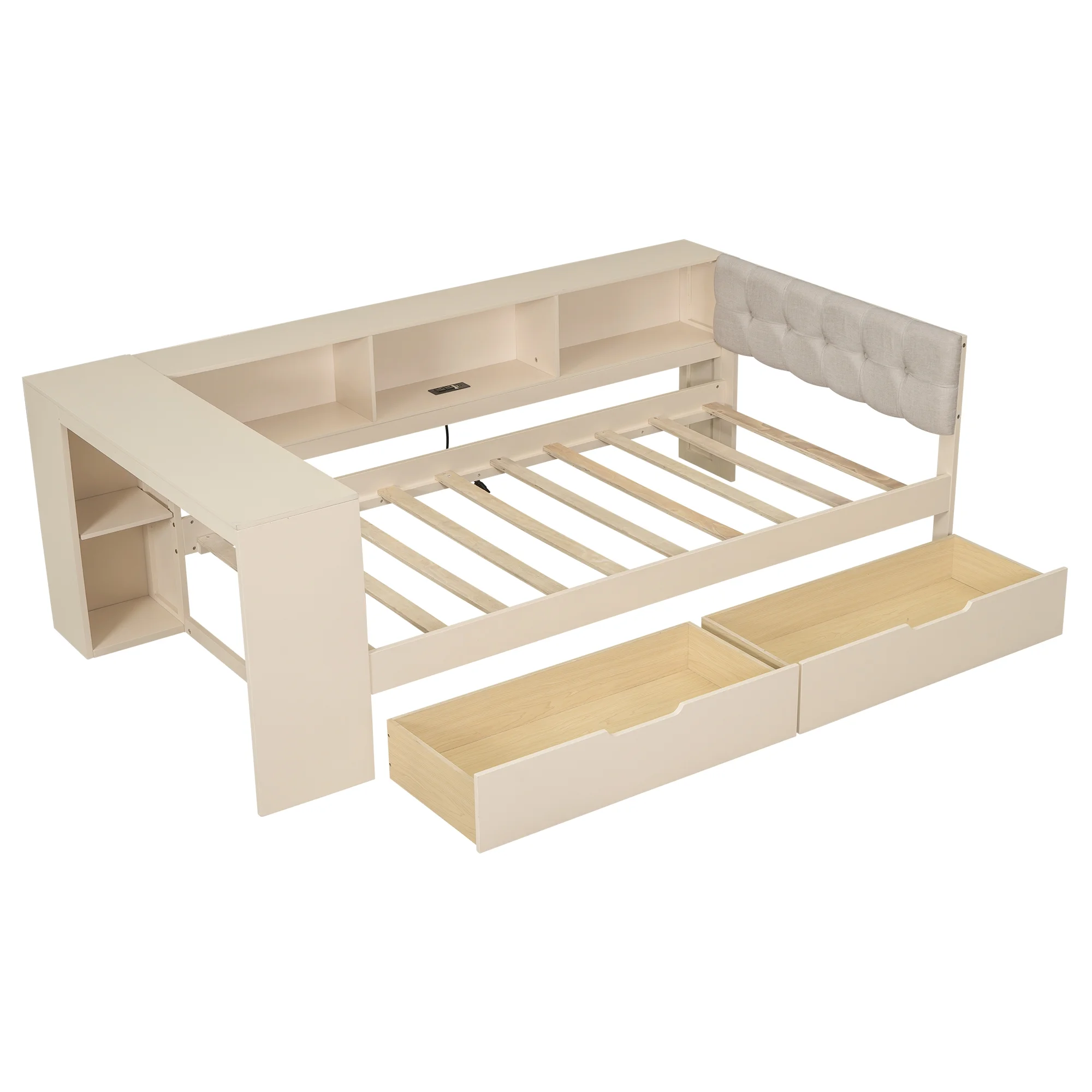 Euroco Wood Twin Size Platform Bed with Desk and Shelves, Drawers and USB Charging for Kids, Cream