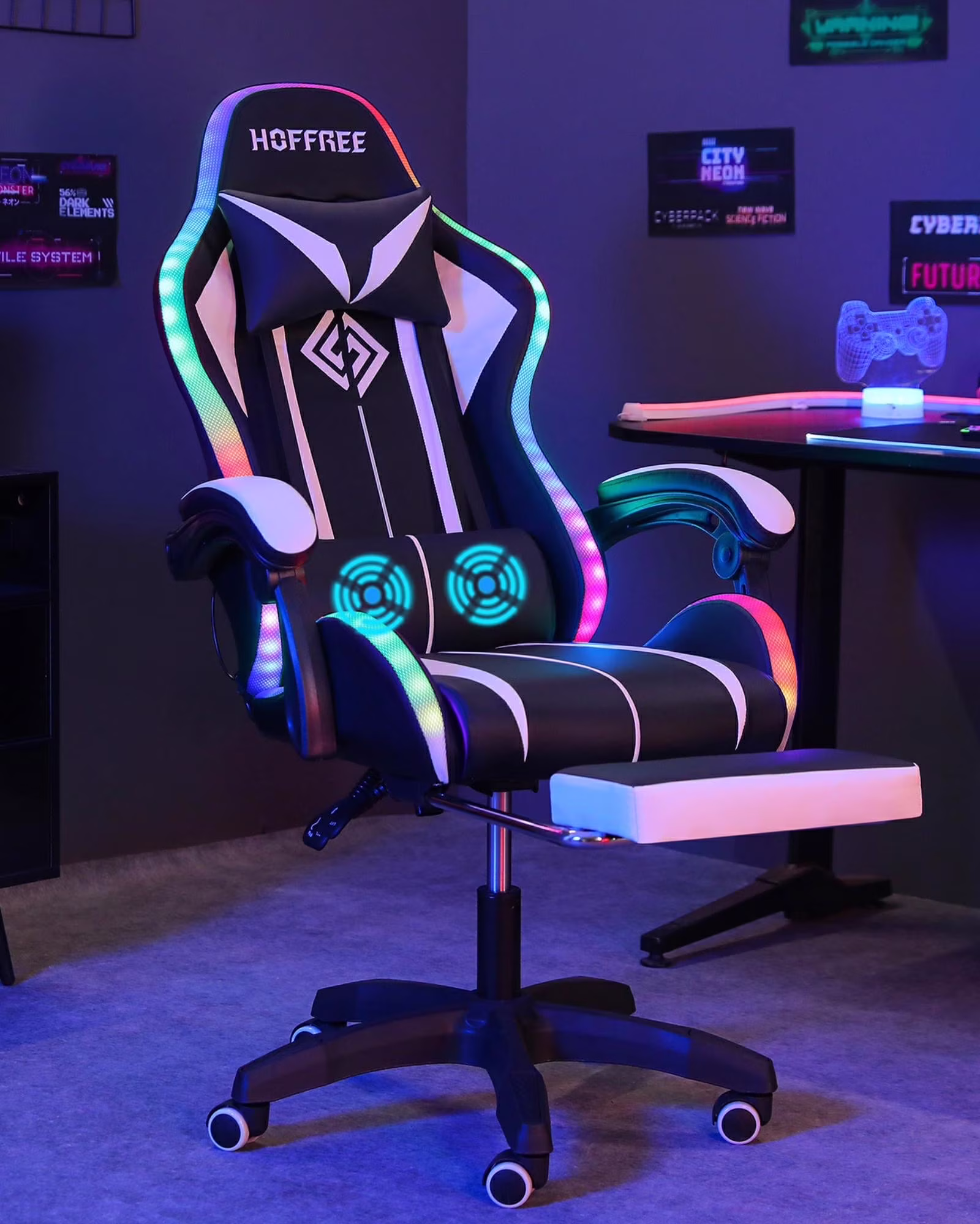Hoffree Gaming Chair with Massage PU Leather Office Chair with Footrest and LED Light Ergonomic Gamer Chair Lumbar Support Adjustable Headrest High Back Computer Desk Chair for Home Office