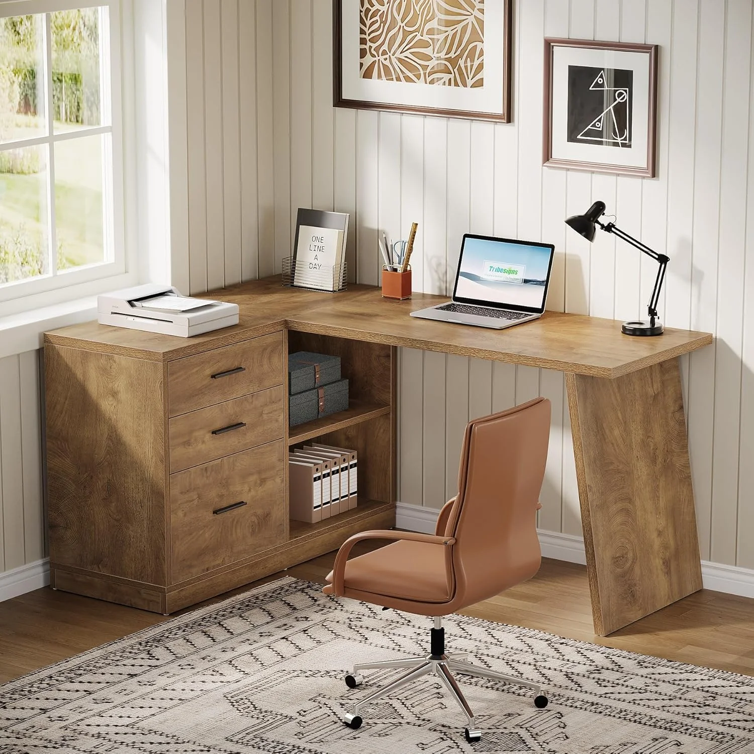 55-Inch L Shaped Computer Desk with 3 Drawers, Corner Home Office Desk with Storage Shelves
