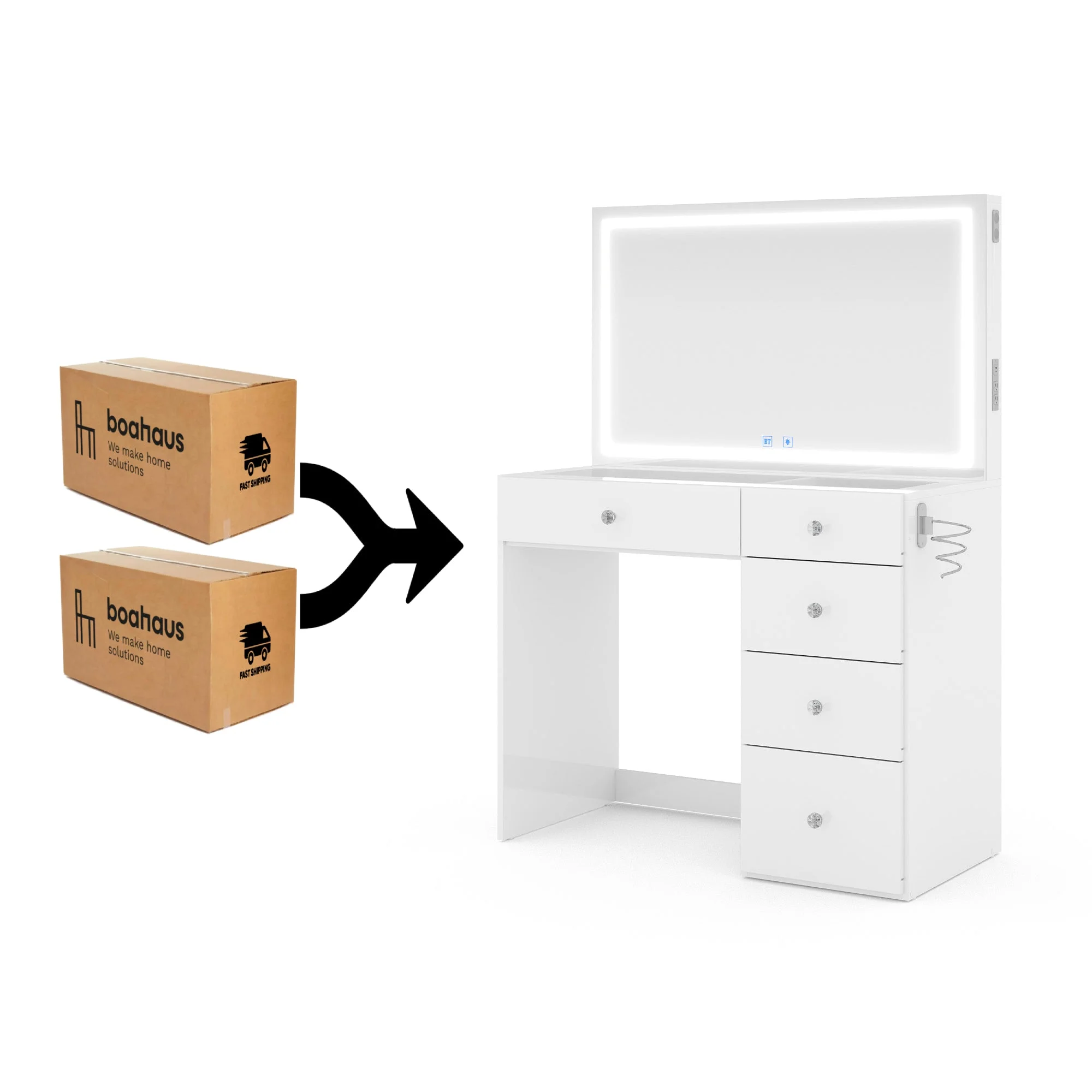 Boahaus Alana White Vanity Desk with LED Lighted Mirror, 5 Drawers, Jewelry Divider, Bluetooth Speakers, and Charging Station