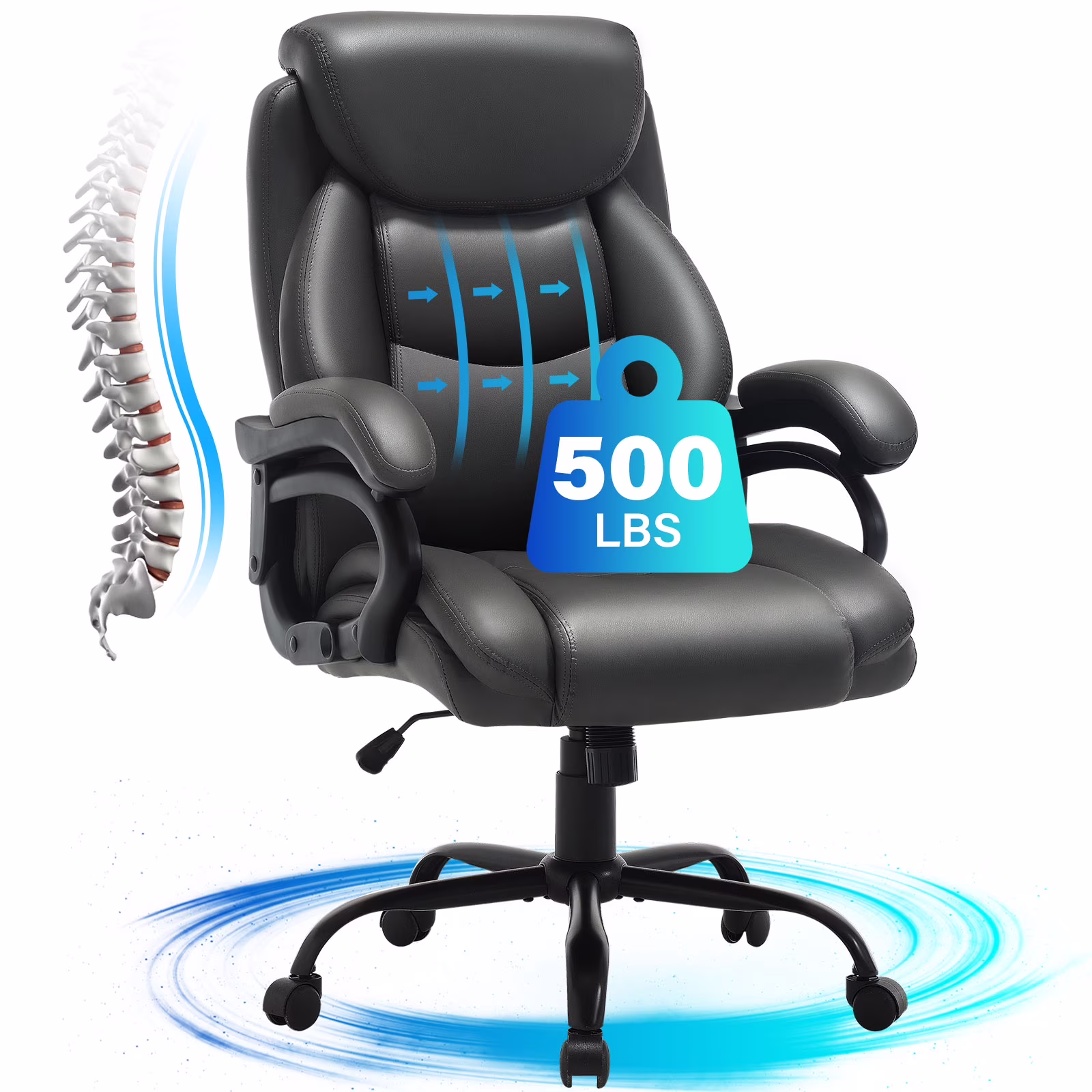JONPONY Big and Tall Office Chair 500LBS Wide Seat Ergonomic Computer Desk Chair High Back Executive Leather Chair Adjustable Task Chair Lumbar Back Support 8 Hours Heavy Duty Design,Black