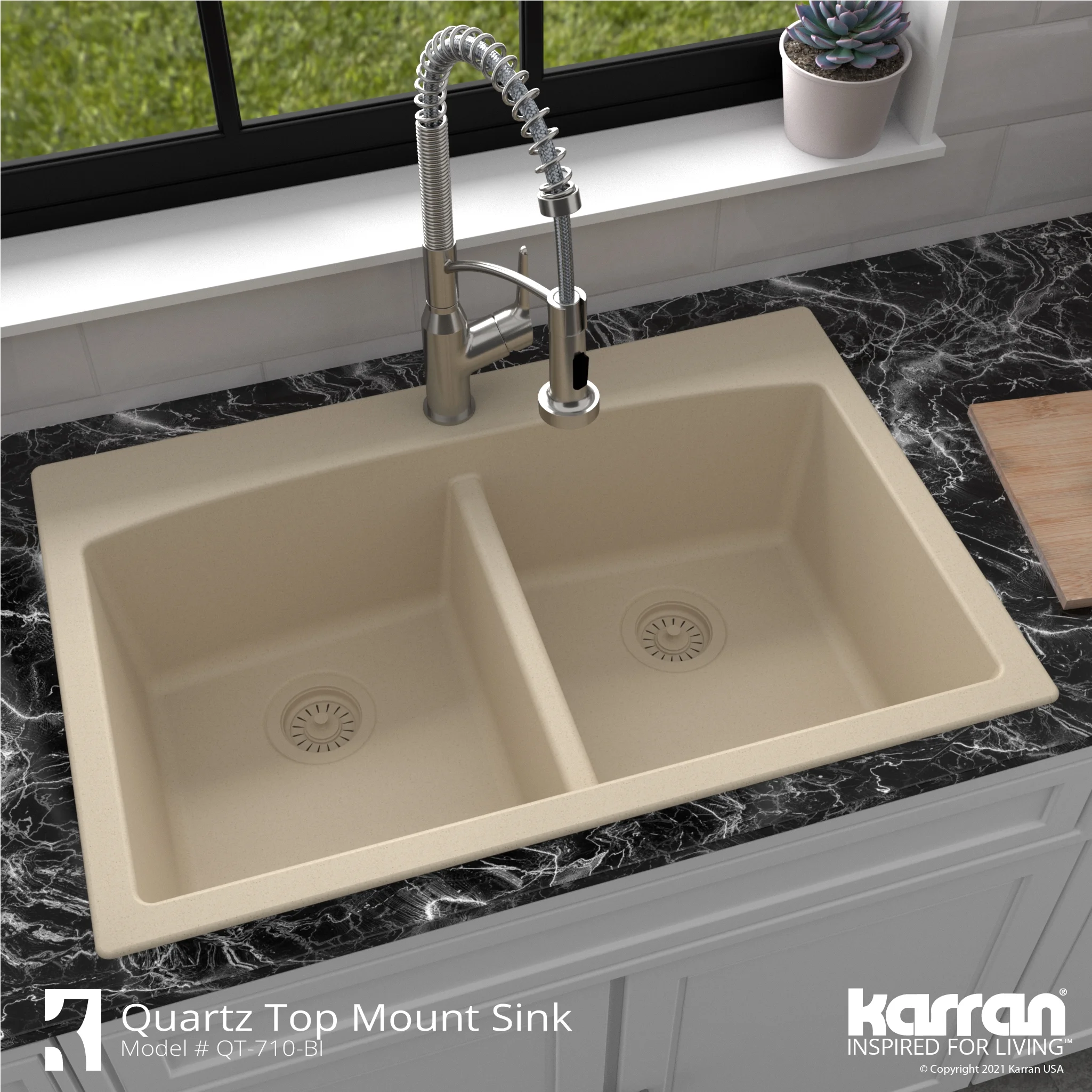 Karran QT-710-BR Brown Quartz Composite Rectangular Double Bowl Sink