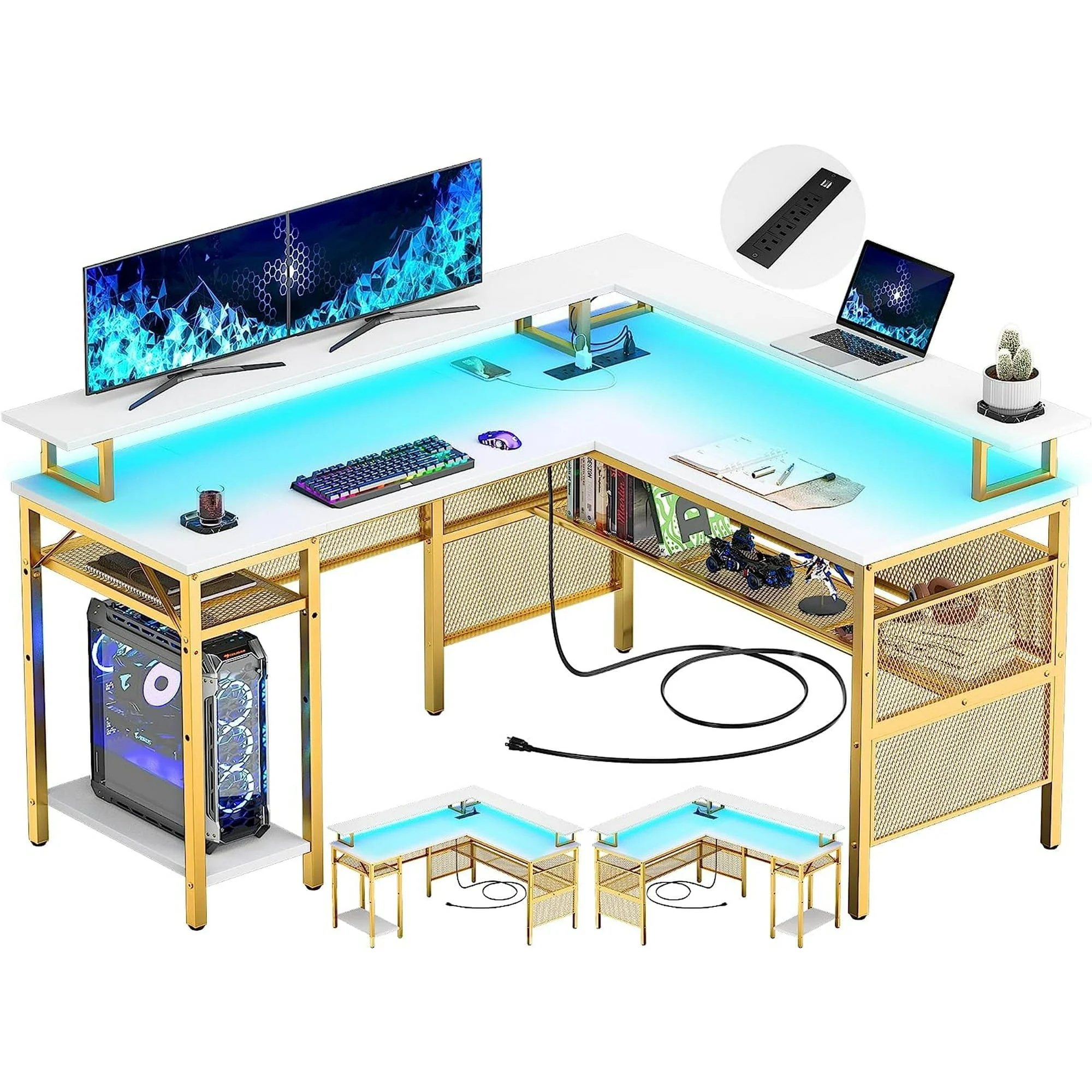 Homieasy L Shaped Desk with Power Outlets and LED Light, 55 inch Reversible L-Shaped Gaming Desk with Monitor Stand, Ergonomic Corner Computer Desk with Storage Shelf for Home Office, Rustic Brown