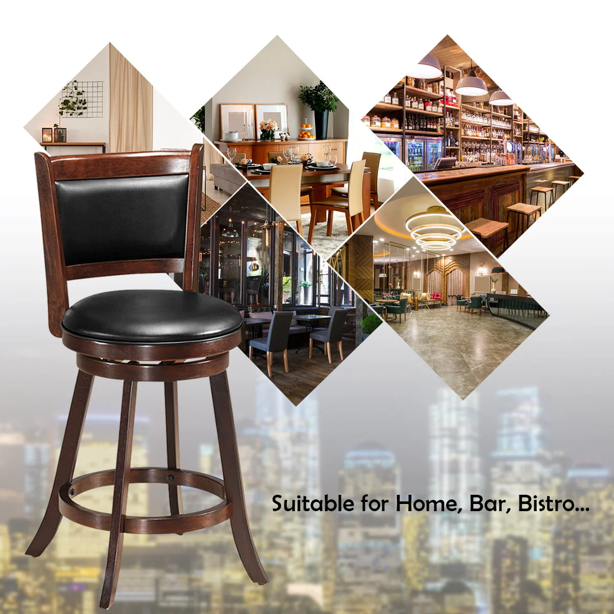 Costway Set of 2 24'' Swivel Counter Stool Wooden Dining Chair Upholstered Seat Espresso Panel back