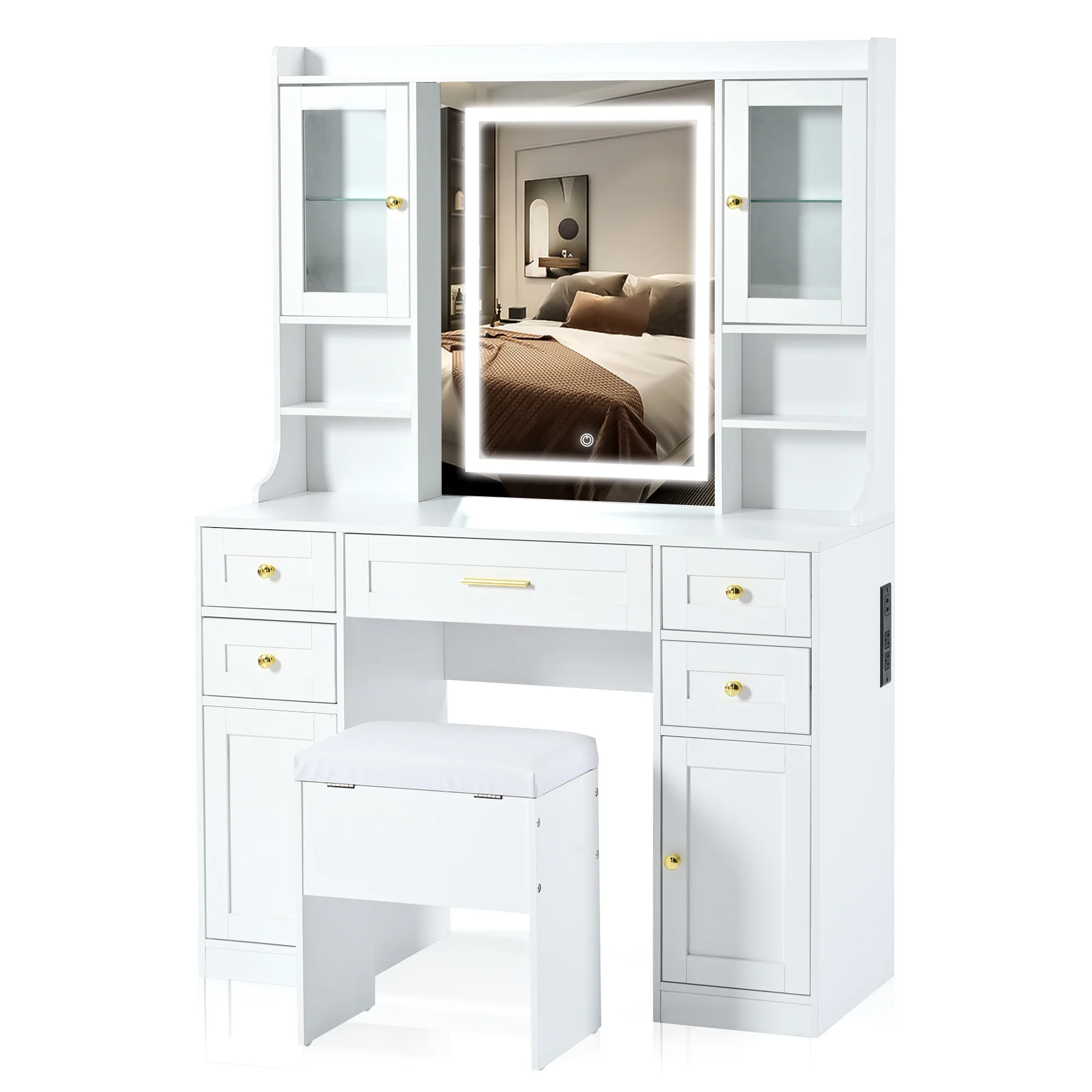 PORKISS Makeup Vanity with Mirror, Vanity Desk Set with 3 Colors Lights, Charging Station and Cushioned Storage Stool, Modern Dressing Table with 5 Drawers and 4 Cabinets for Bedroom, White