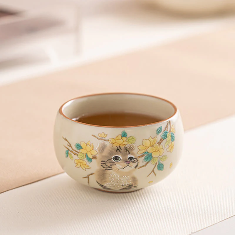 Buddha Stones Cute Cat Yellow Flowers Rabbit Teacup Kung Fu Tea Cup