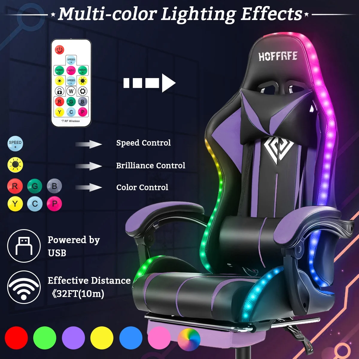Hoffree Gaming Chair with Massage PU Leather Office Chair with Footrest and LED Light Ergonomic Gamer Chair Lumbar Support Adjustable Headrest High Back Computer Desk Chair for Home Office