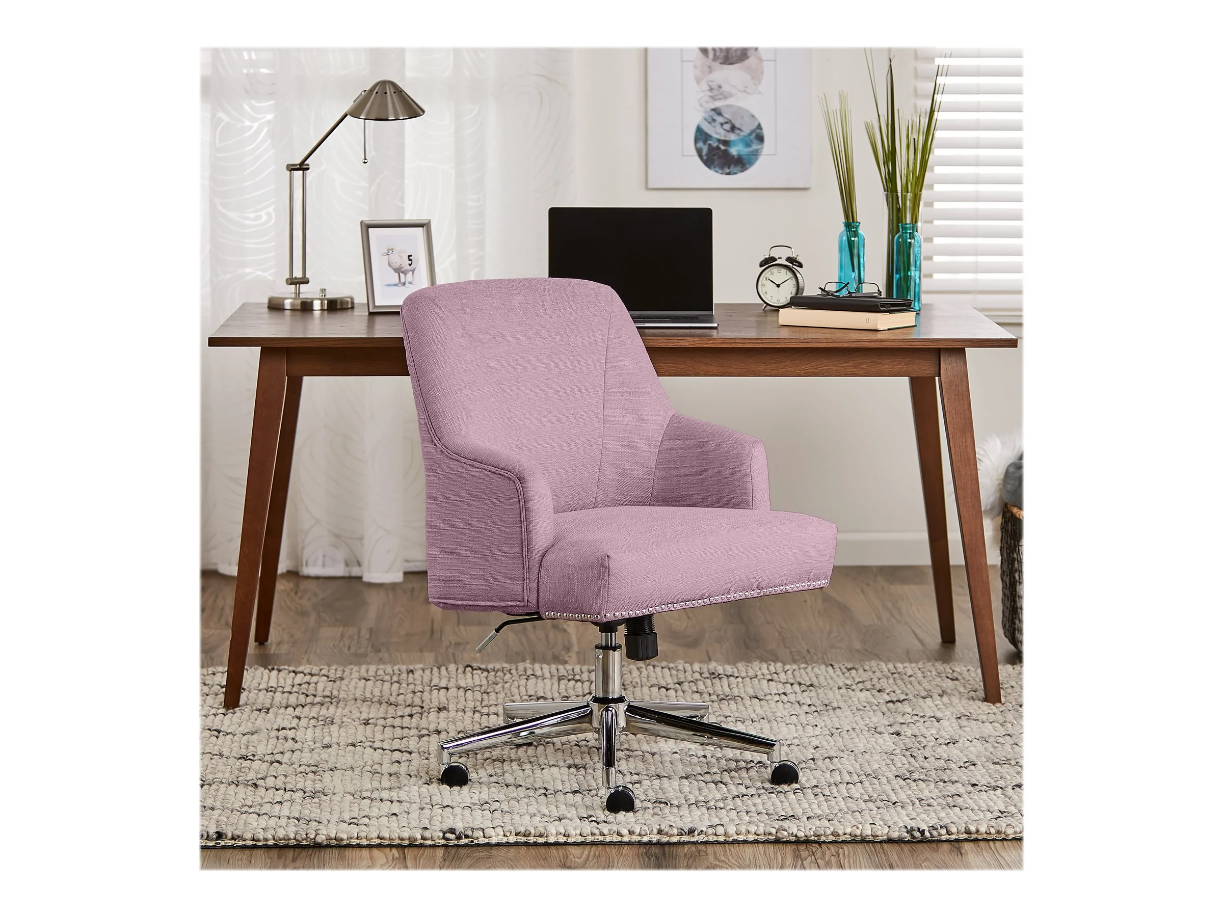 Serta Leighton Home Office Desk Chair Chrome Nailheads Twill Fabric Lilac Purple