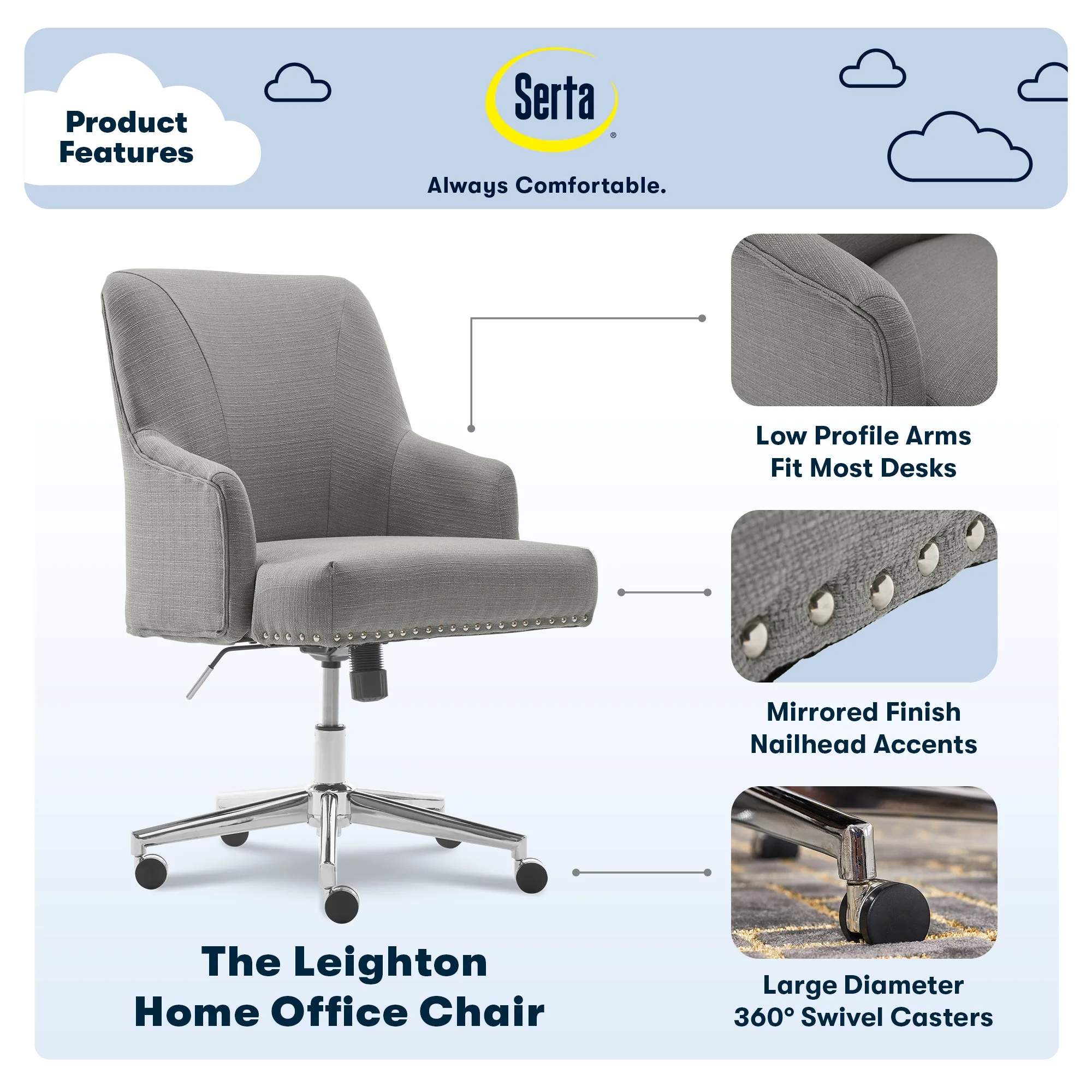 Serta Leighton Home Office Desk Chair Chrome Nailheads Twill Fabric Lilac Purple