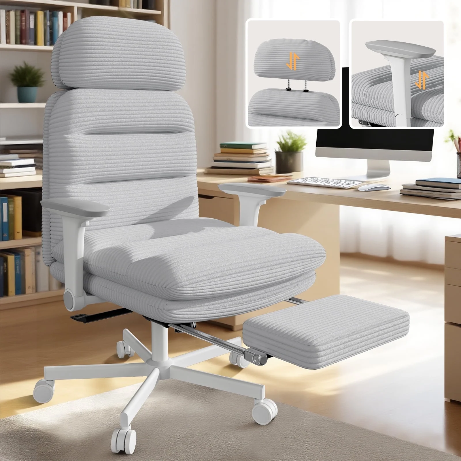 Solfway Criss Cross Chair with Wheels & Flip-up Arms, Executive Office Chair with Foot Rest, Swivel Cross Legged Office Chair, White Corduroy Fabric Comfy Computer Desk Chair, Vanity Chair for Home