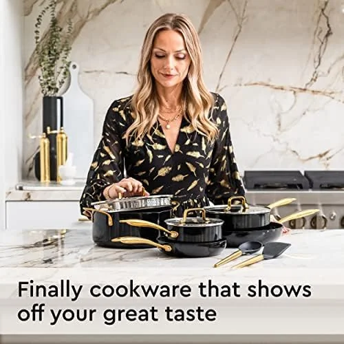Styled Settings White Pots and Pans Set Nonstick-15 Piece Luxe White Cookware Set Non Toxic,Oven Safe,Induction Safe Cooking Pot with Strainer Lid,Gold Cooking Utensils,Gold Pots & Pans��