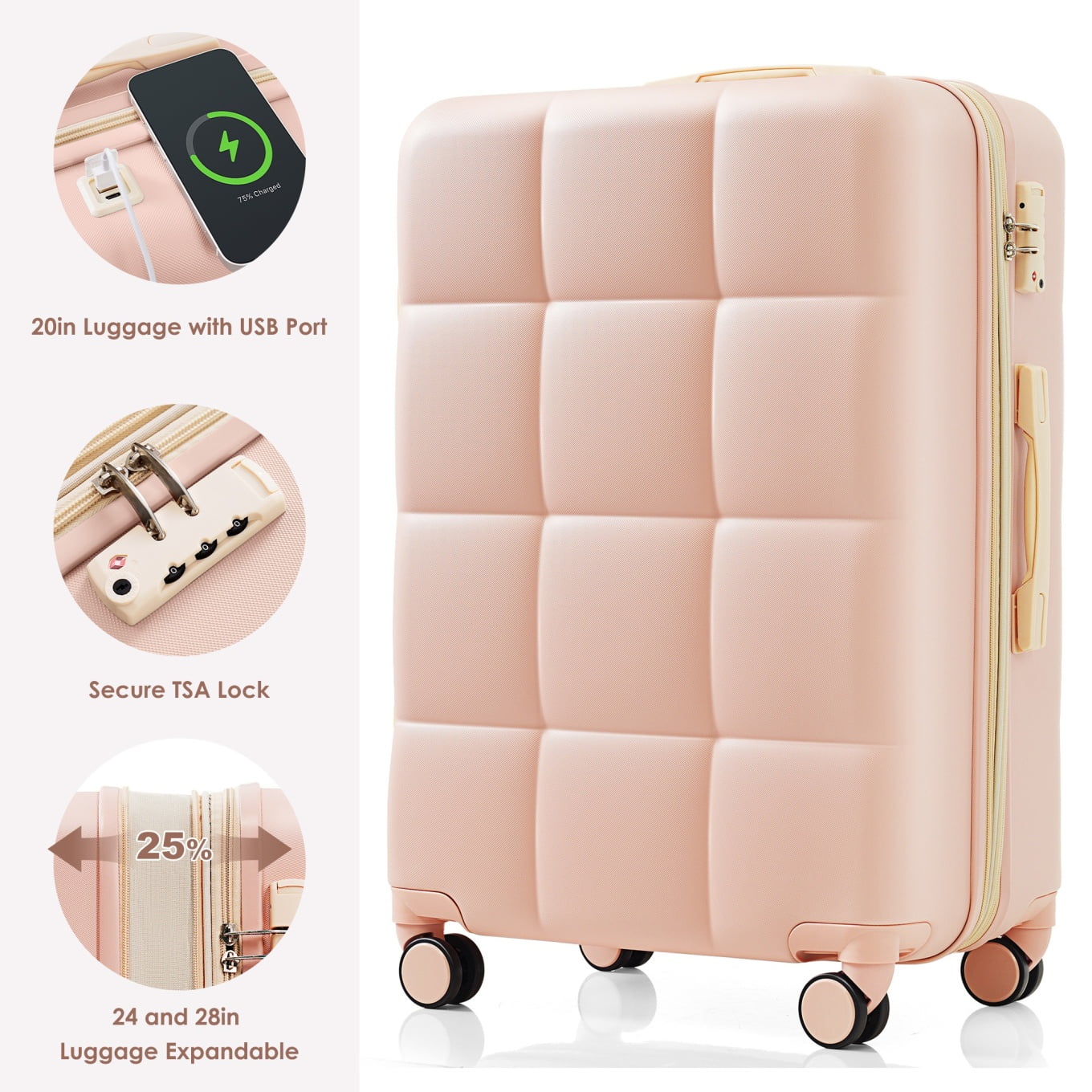 3 Piece Luggage Set , 20/24/28 inches Suitcase Set , ABS Hardshell Expandable Luggage Sets with TSA Lock,20-inch with USB Port, Carry On Luggage for Men Women, Pink