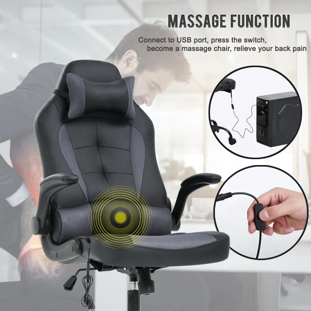 Gaming Chair Massage Office Chair Racing Desk Chair Ergonomic PC Executive High Back PU Leather Computer Chair with Lumbar Support Headrest Armrest Task Rolling Swivel Chair for Women Adults, Grey