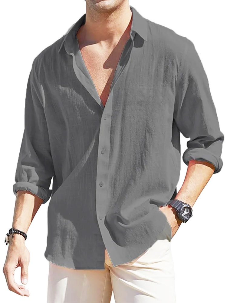 Men's Casual Loose Basic Cotton And Linen Long-sleeved Shirt