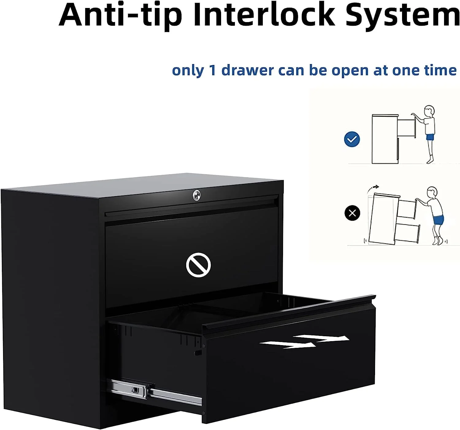 GangMei Black Metal Lateral File Storage Cabinet with 2 Drawers, Wide Filing Cabinet for Home Office, Steel File Cabinet for Legal/Letter, Assembly Required, Black