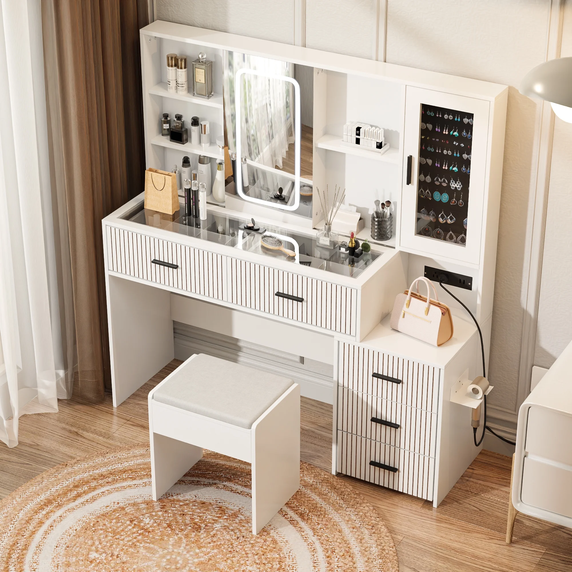 Diubas Large Vanity Desk with Mirror, Makeup Vanity Table with 5 Drawers, LED Lights & Power Outlet
