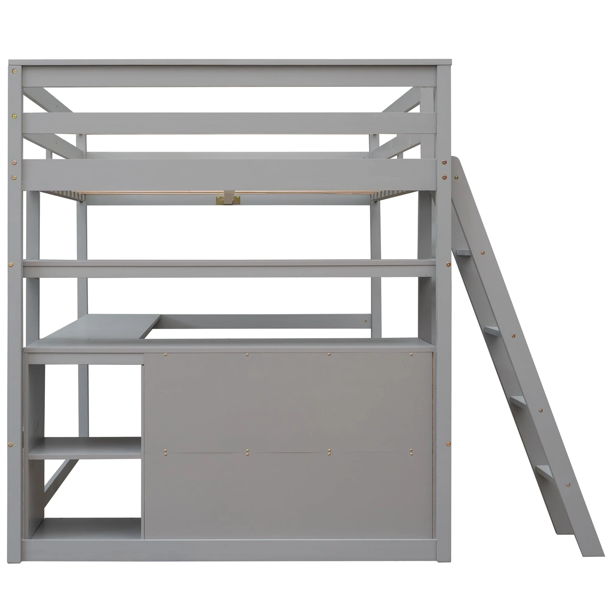 Euroco Full Size Wood Loft Bed with Desk, Shelves and Cabinets for Kids Room, Incline Ladder and 3 Drawers, Gray