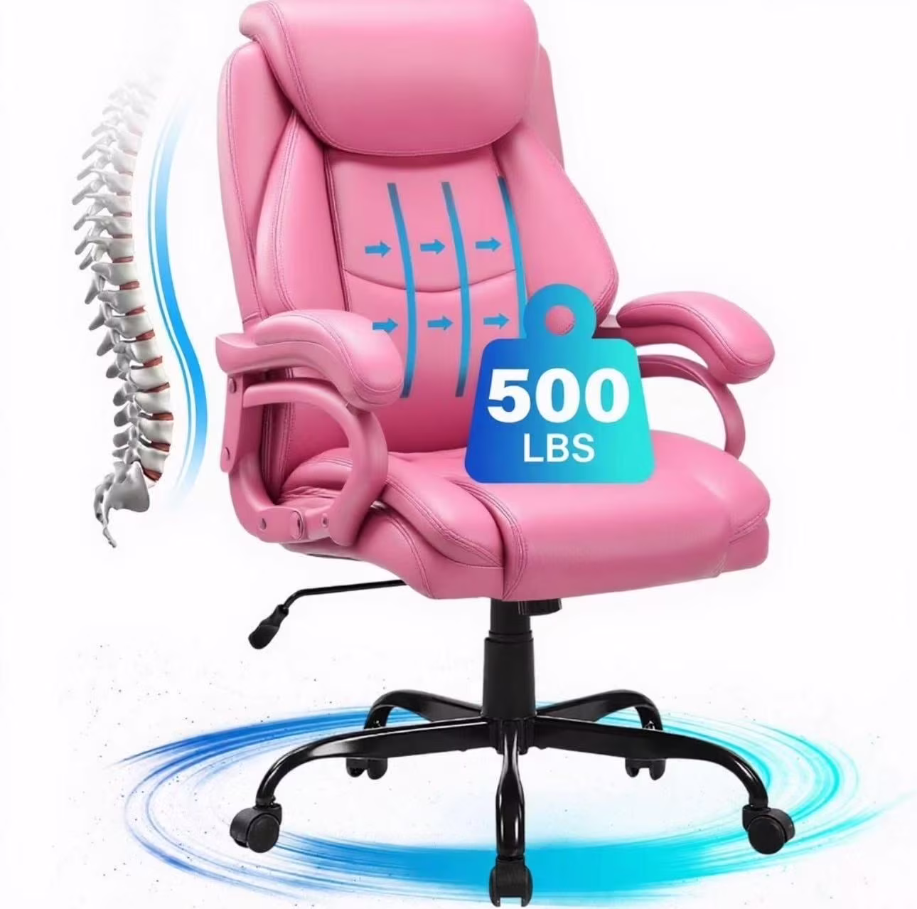 JONPONY Big and Tall Office Chair 500LBS Wide Seat Ergonomic Computer Desk Chair High Back Executive Leather Chair Adjustable Task Chair Lumbar Back Support 8 Hours Heavy Duty Design,Black
