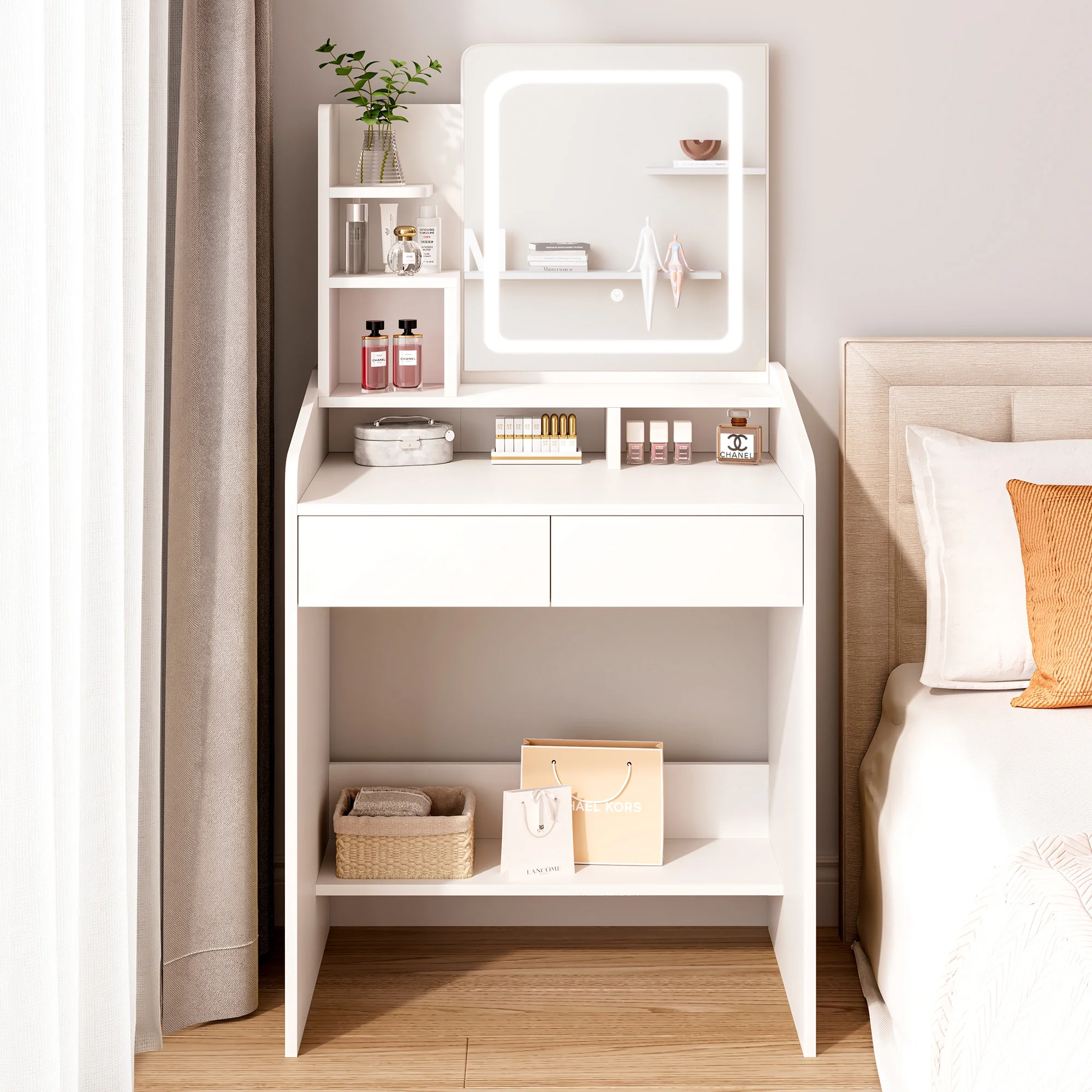 LIVELYGLOW Vanity Desk Set with Square Mirror and Light- Small Vanity Table with Drawers- White