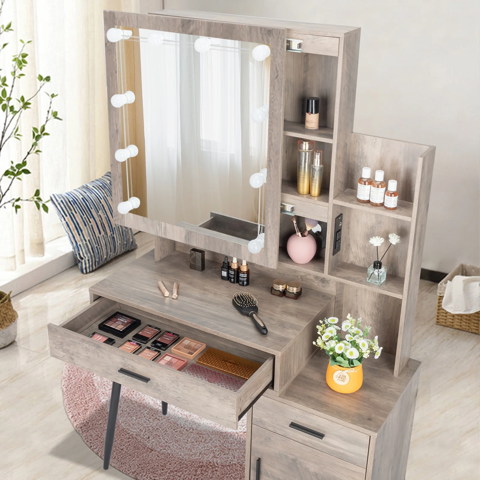 Ktaxon Vanity Set with 3 Color Lighted Mirror & Charging Station, Makeup Table with 3 Storage Shelves & Drawers, Dressing Table Makeup Desk with Stool,Retro Gray