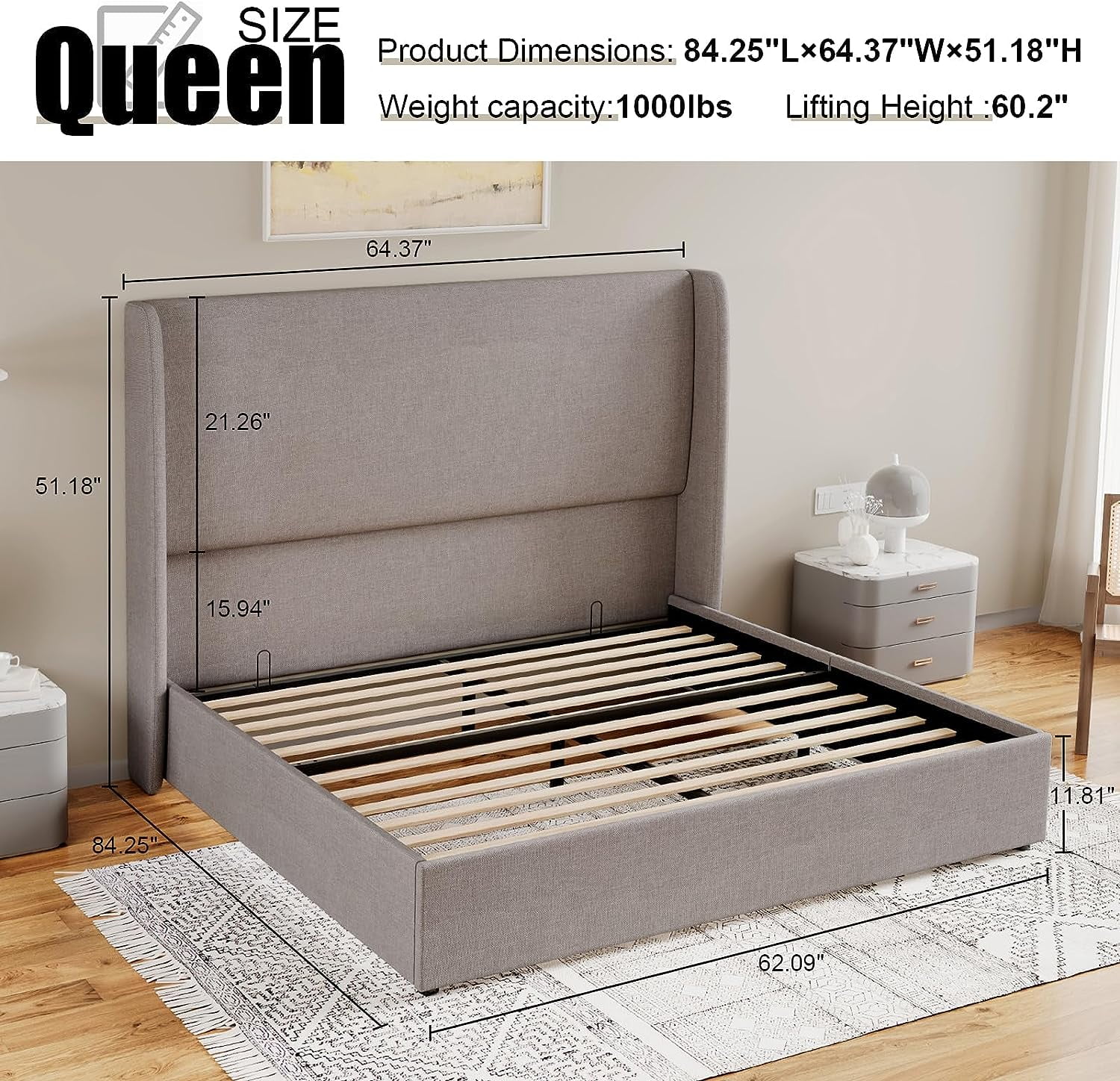 Merluxy Queen Bed Frame with Lift Up Storage,Linen Upholstered Platform Bed/ Wingback Headboard/No Box Spring Needed/Light gray