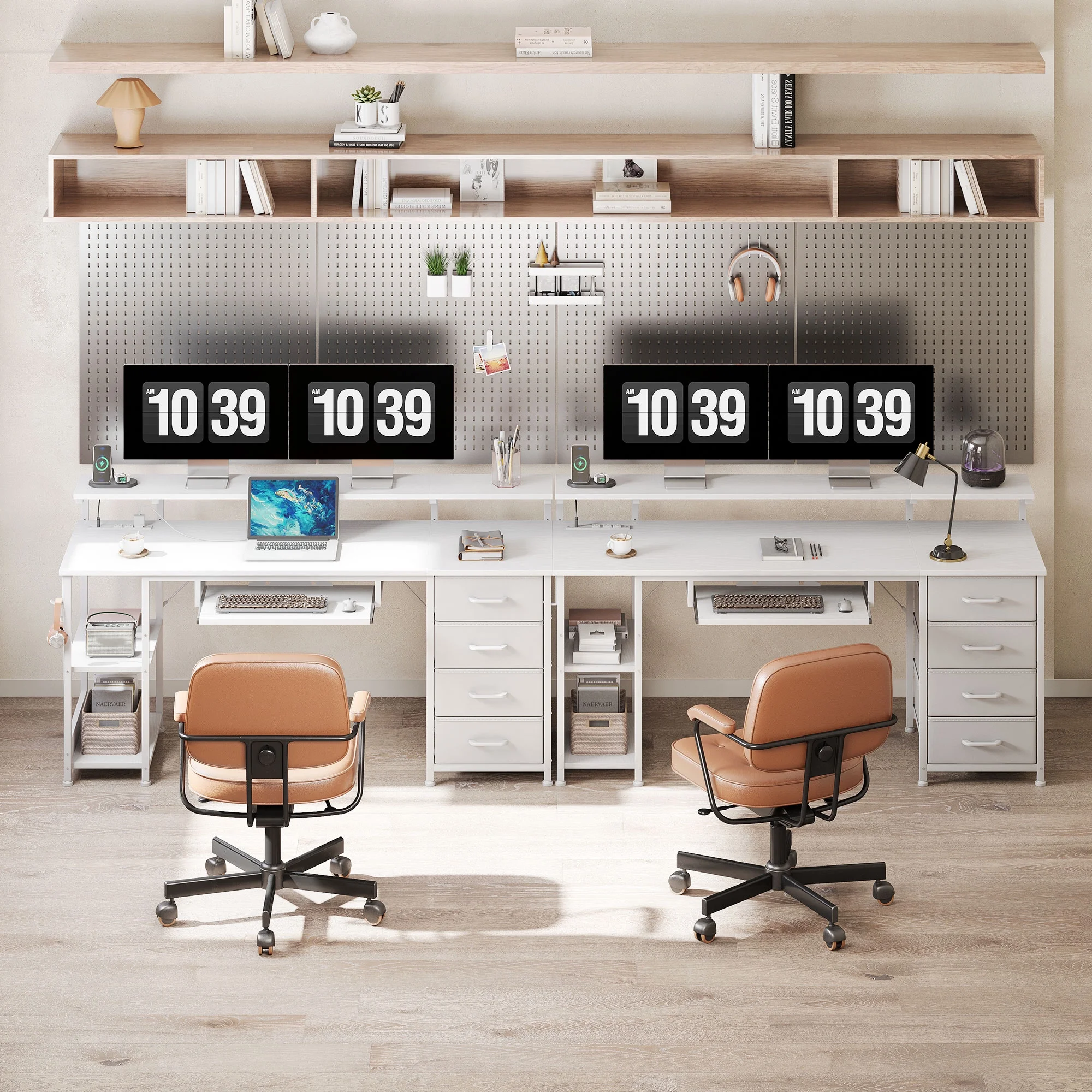 55 inch Office Desk with Power Outlet and Adjustable Monitor Stand, Computer Desk with Fabric Drawer and Keyboard Tray, Gaming Desk with LED Light & PC Stand, Vintage