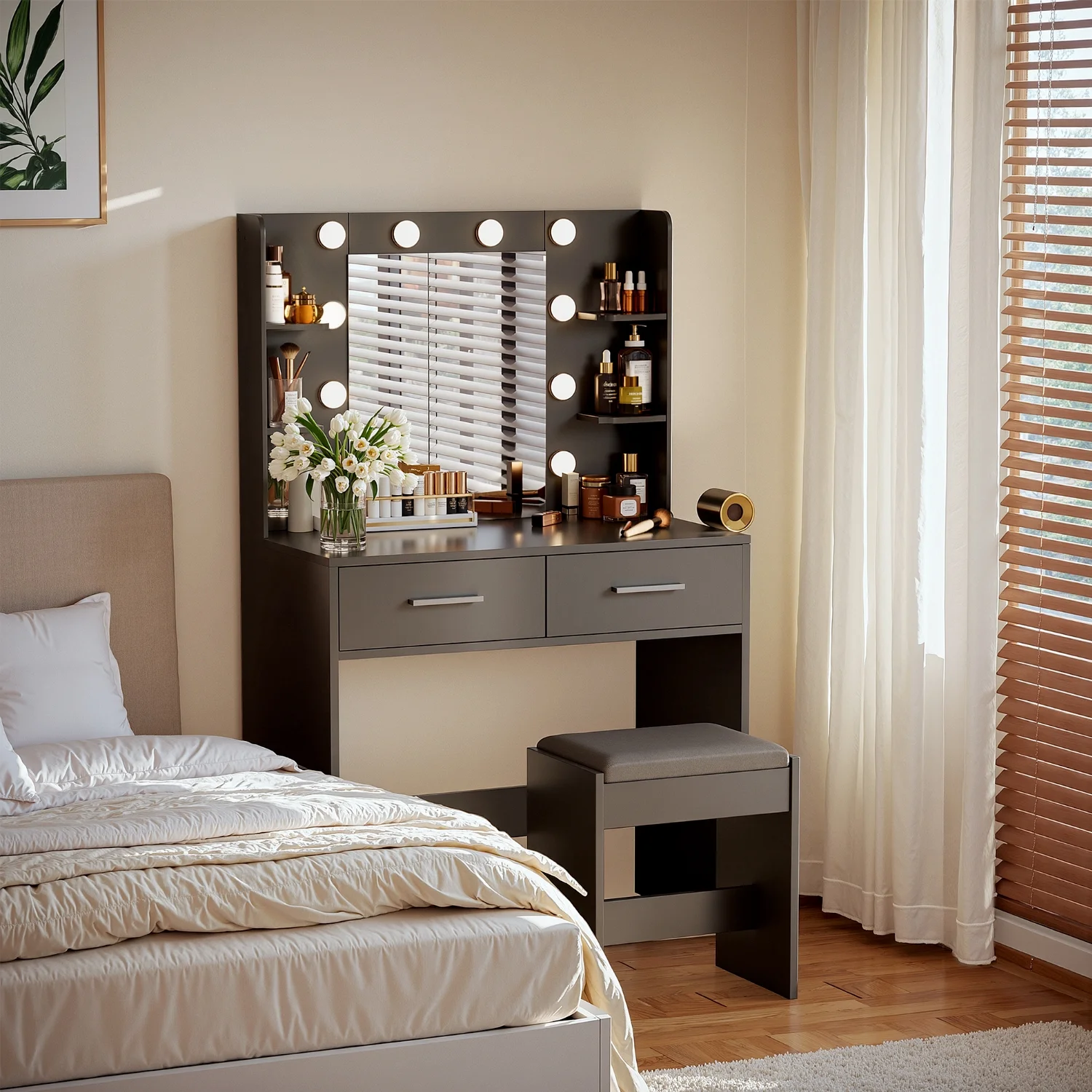 Vineego Makeup Vanity Desk with Lighted Mirror & Power Outlet, Makeup Vanity with stool,White