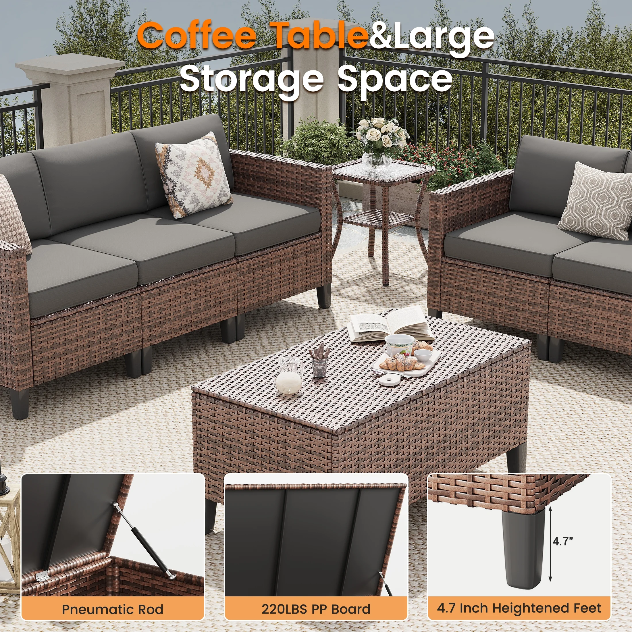 Poteban Outdoor Patio Furniture Set, Rocking Swivel Chair, 9 Pieces Wicker Rattan Sectional Furniture for Backyard (Grey)