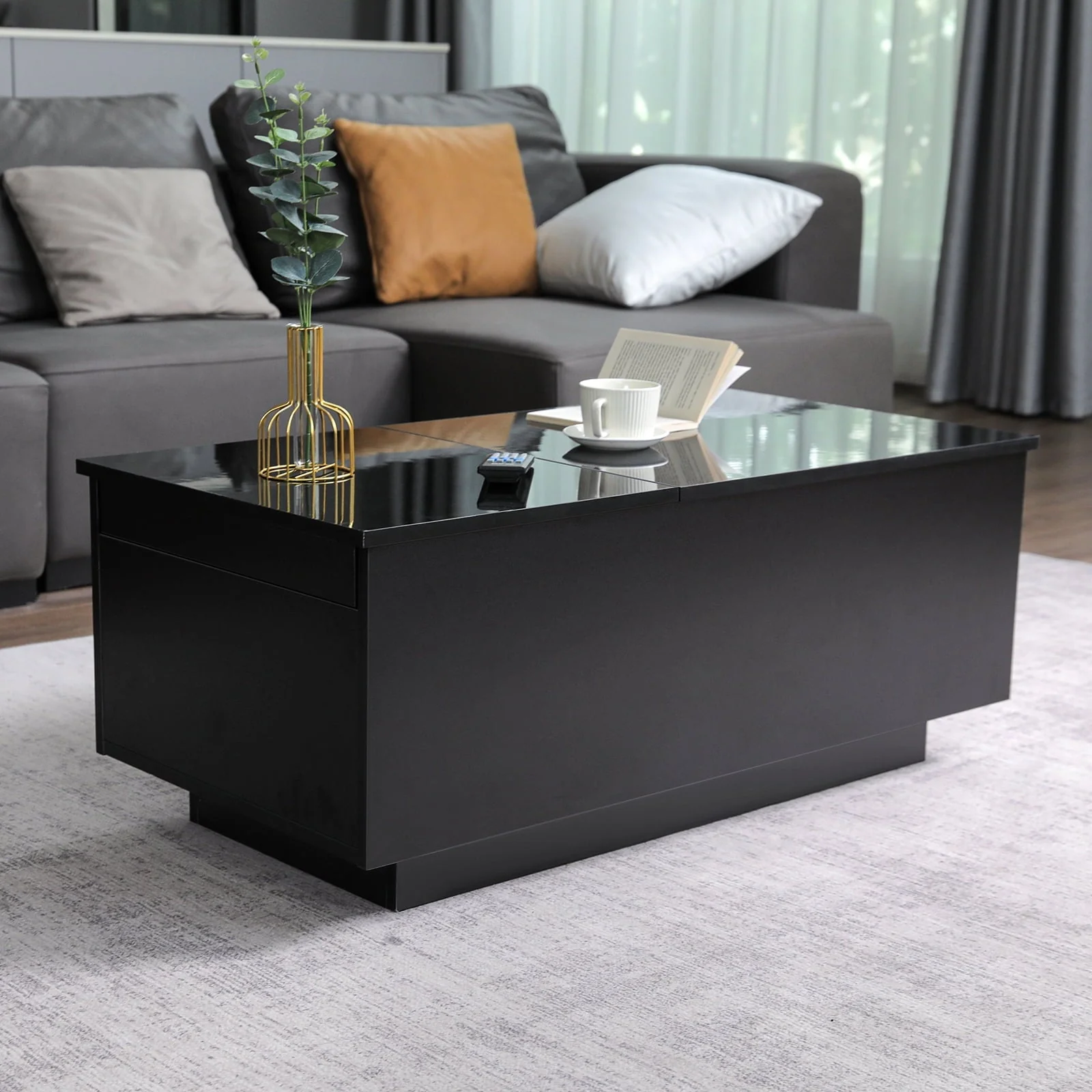 Hommpa LED Lift Top Coffee Table with Charging Station High Gloss Rectangle Center Tea Desk Black Hidden Storage Rising Dining Cocktail Tables Living Room