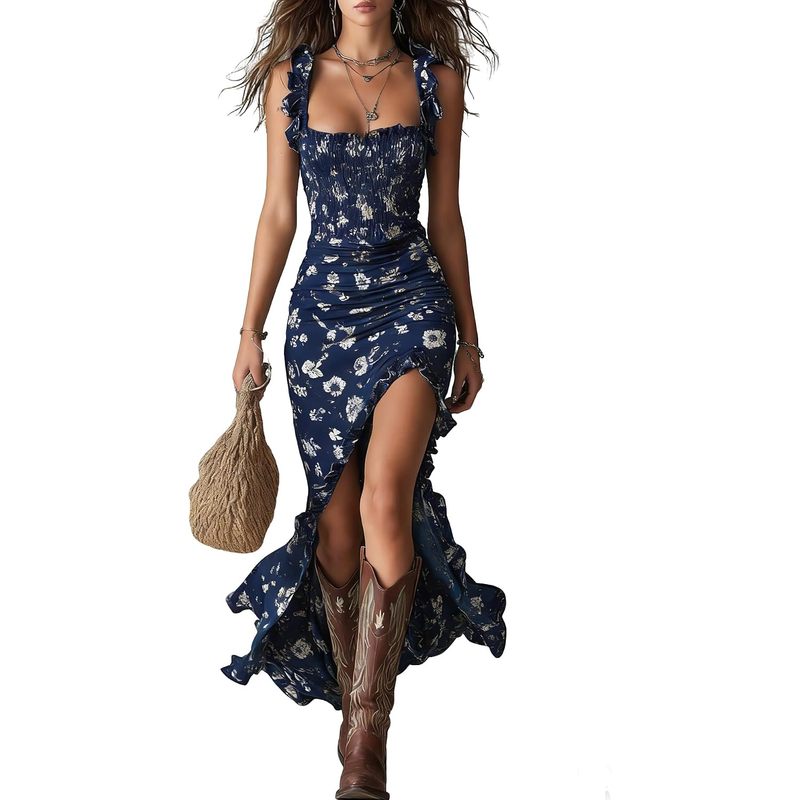 Women's Vintage Floral Maxi Dress Spaghetti Strap