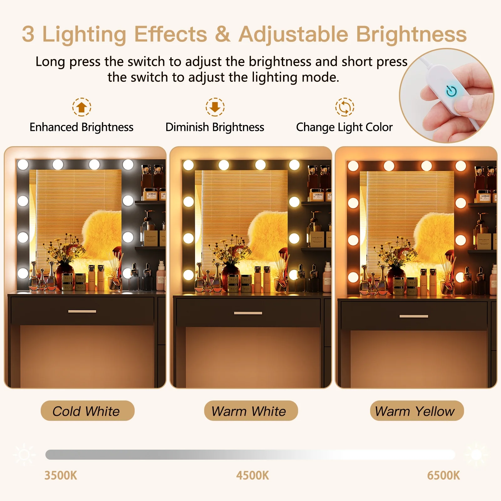 USIKEY LED Lights Mirror Vanity Desk Drawers Shelves Table Set Black
