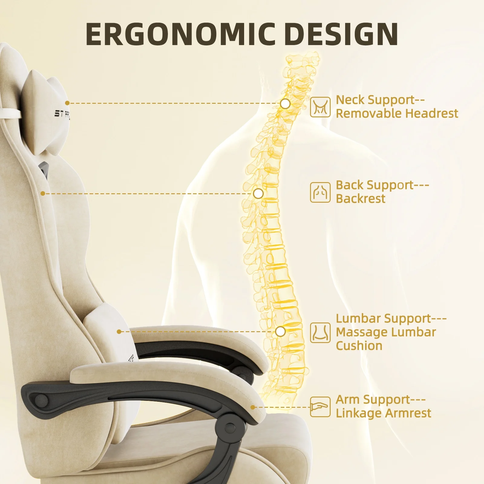 Luxvie Velvet Fabric Gaming Chair with Footrest High Back Ergonomic Gamer Chair with Headrest and Massage Lumbar Cushion Racing Reclining Video Game Chair for Adults, Beige