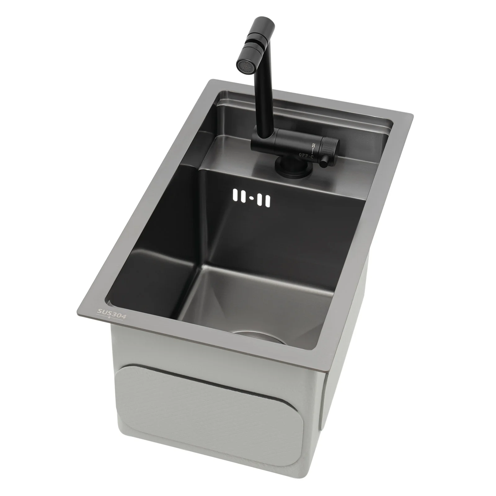 Modern Drop in Bar Sink, Single Bowl Kitchen Sink with Foldable Faucet, Black Nano 304 Stainless Steel Utility Sink for Compact Kitchen Commercial Hotel RV Laundry