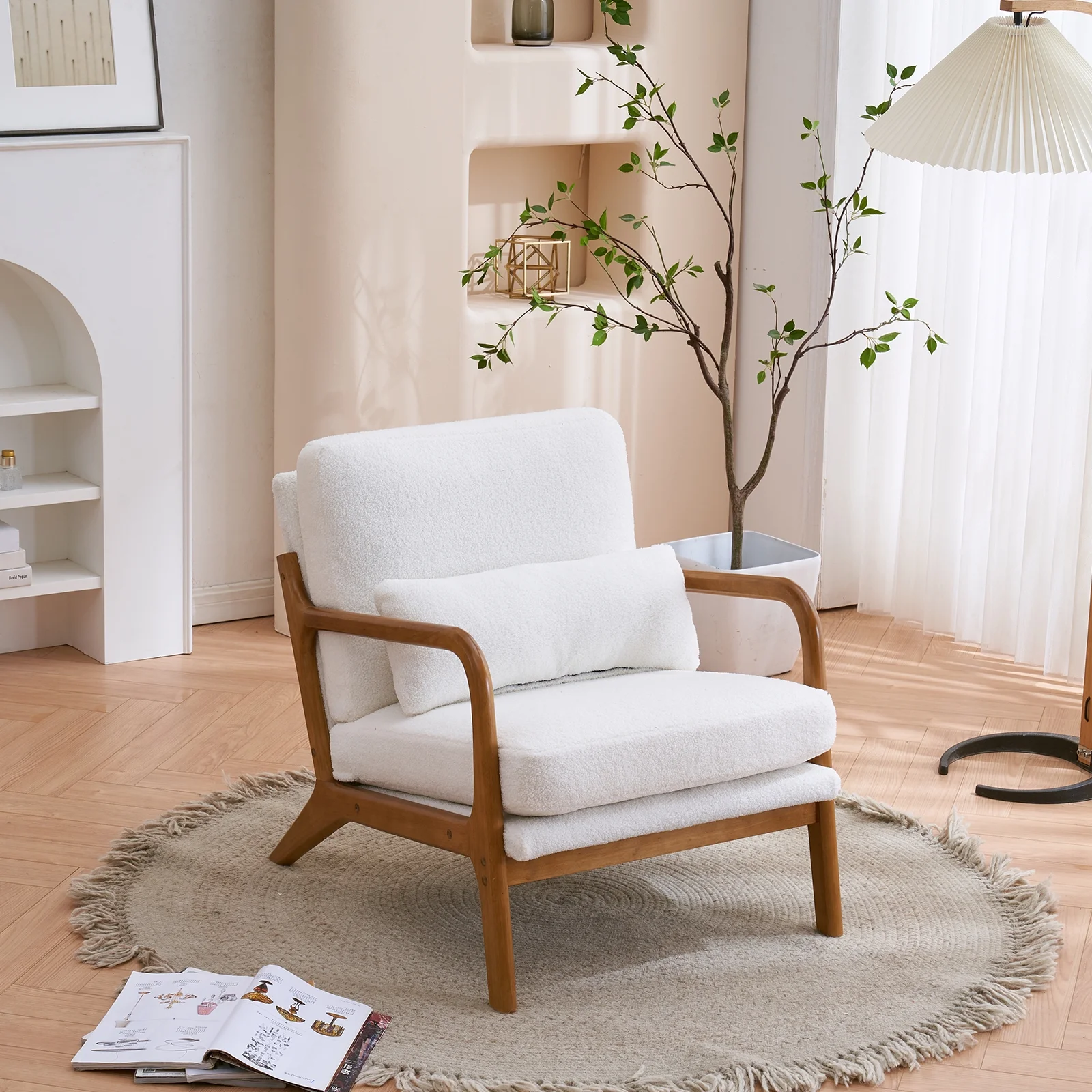 IVV Mid-Century Accent Single Arm Chair with Back Cushion, Upholstered Lounge Chair with Oak Wood Armrest for Living Room, White