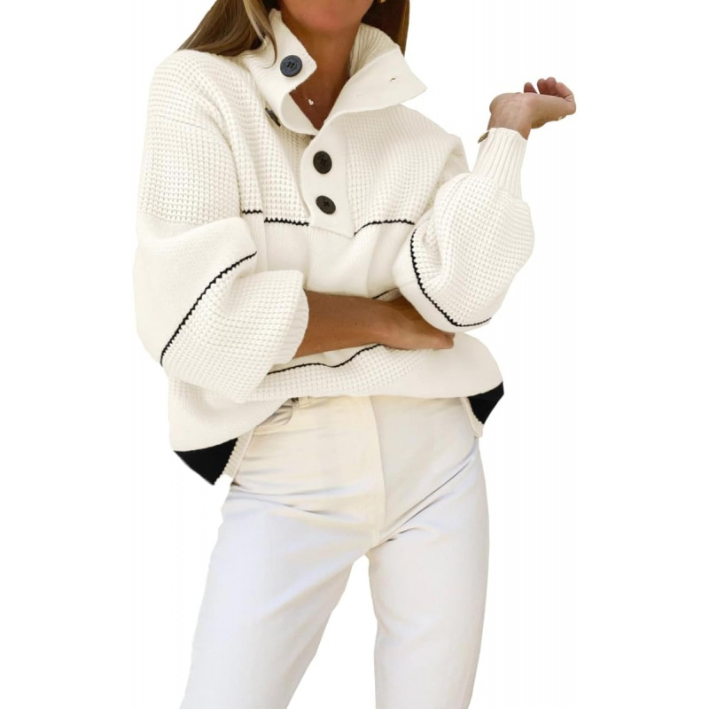 Women's Slouchy Waffle Knit Sweater 1/2 Button Polo