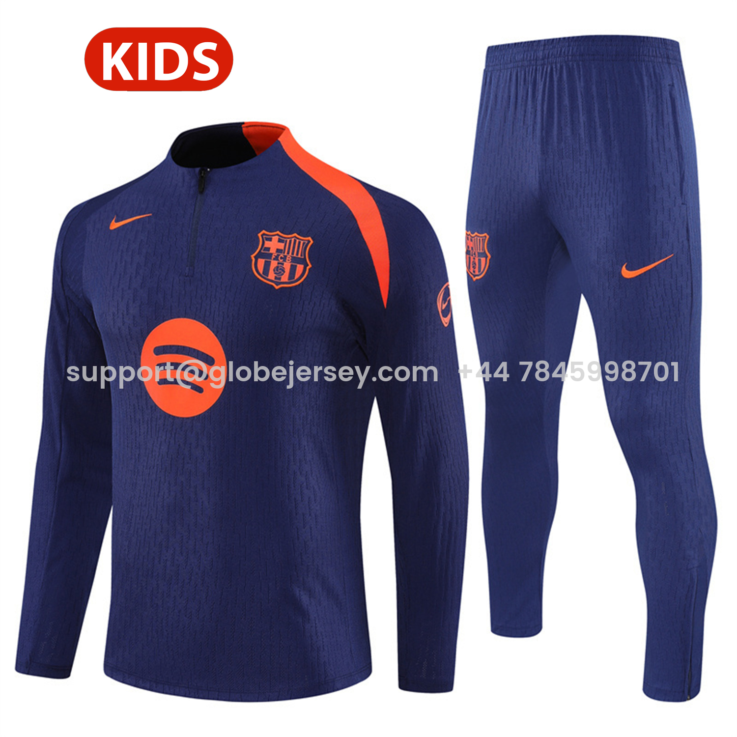 Barcelona 25-26 Kids Long Sleeve Training Set - Royal Blue Top Orange Sponsor & Royal Blue Pants